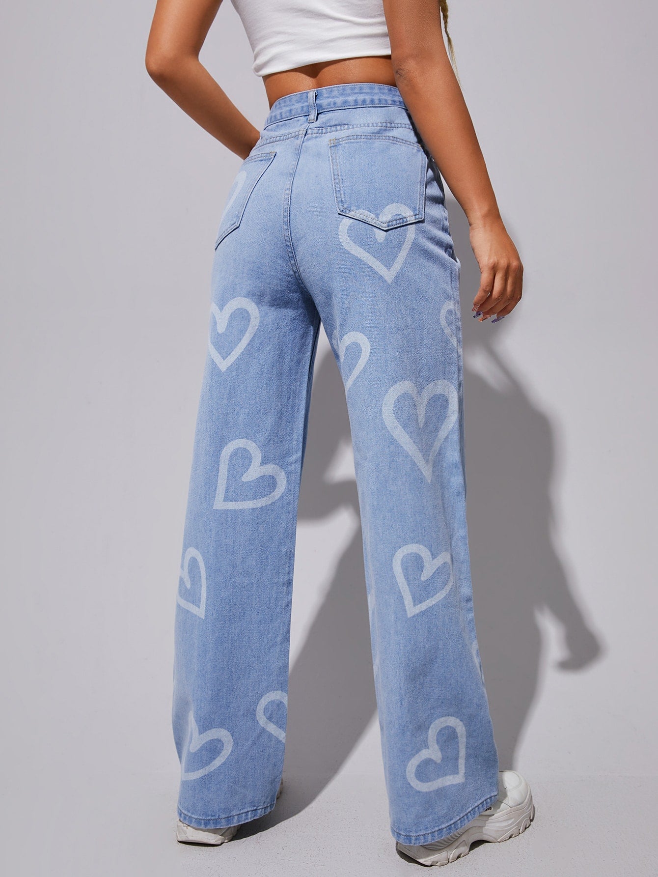 Vintage Heart Print Wide Leg Jeans