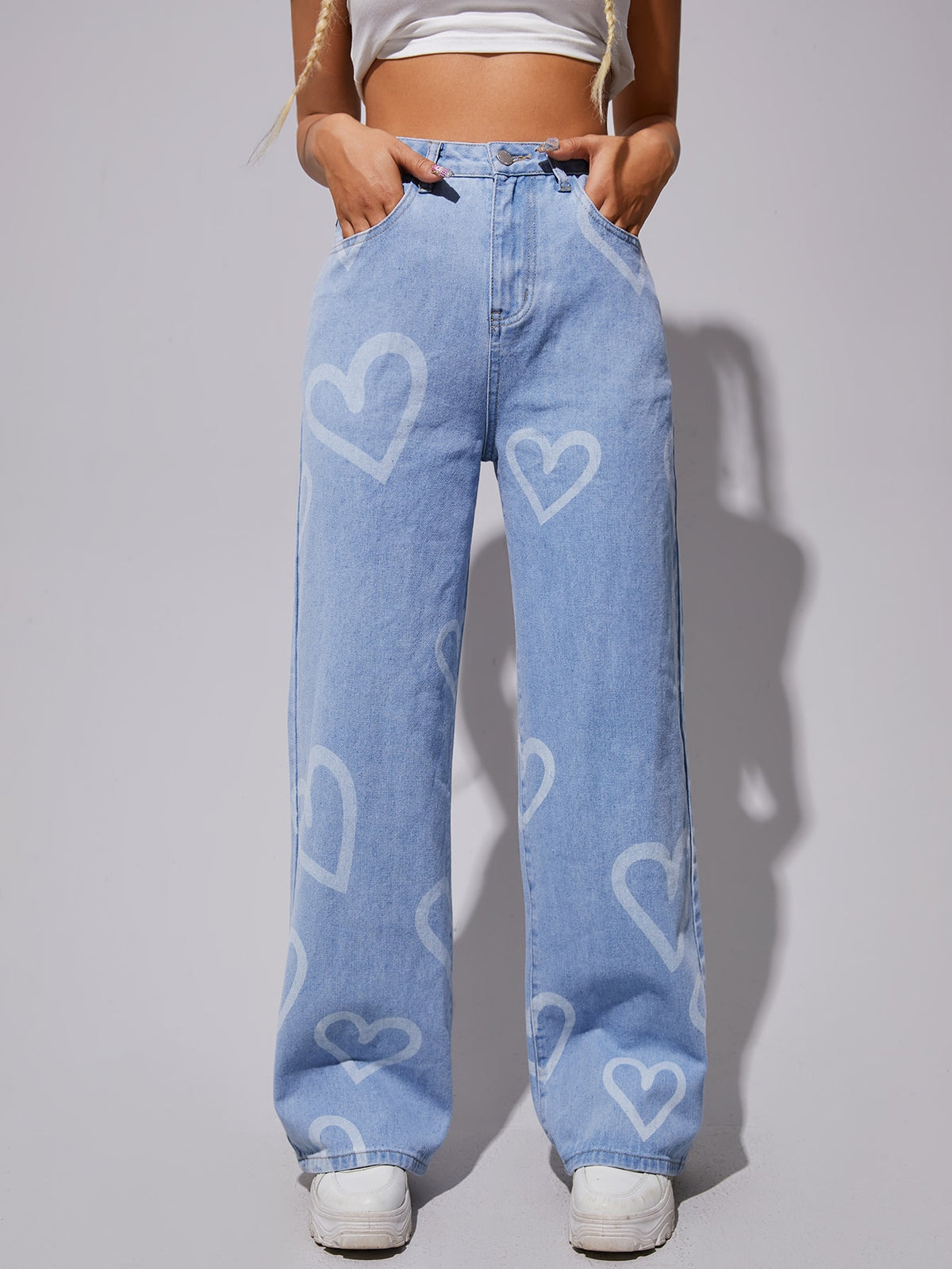 Vintage Heart Print Wide Leg Jeans - 