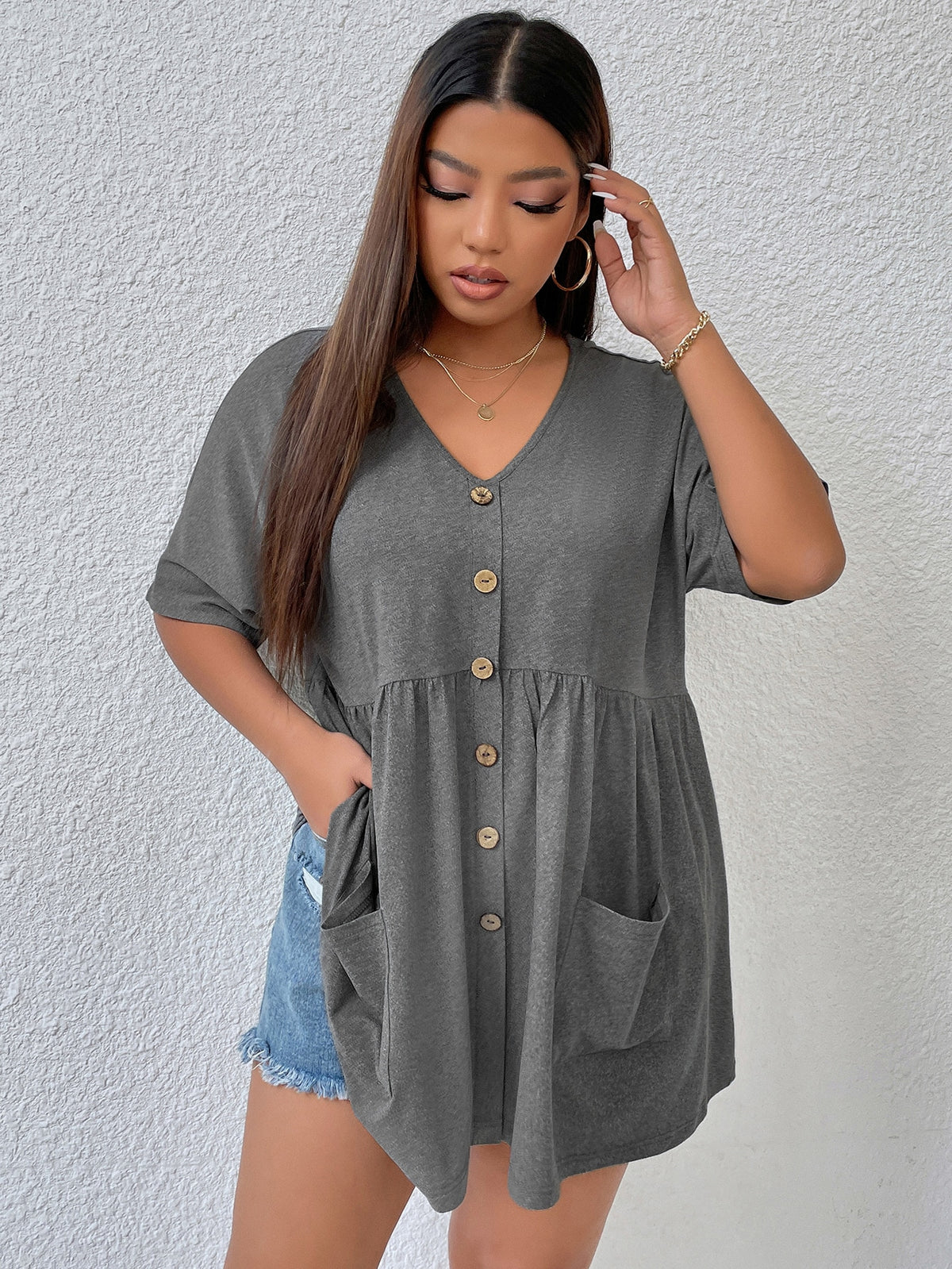Plus Button Front Tee with Pockets