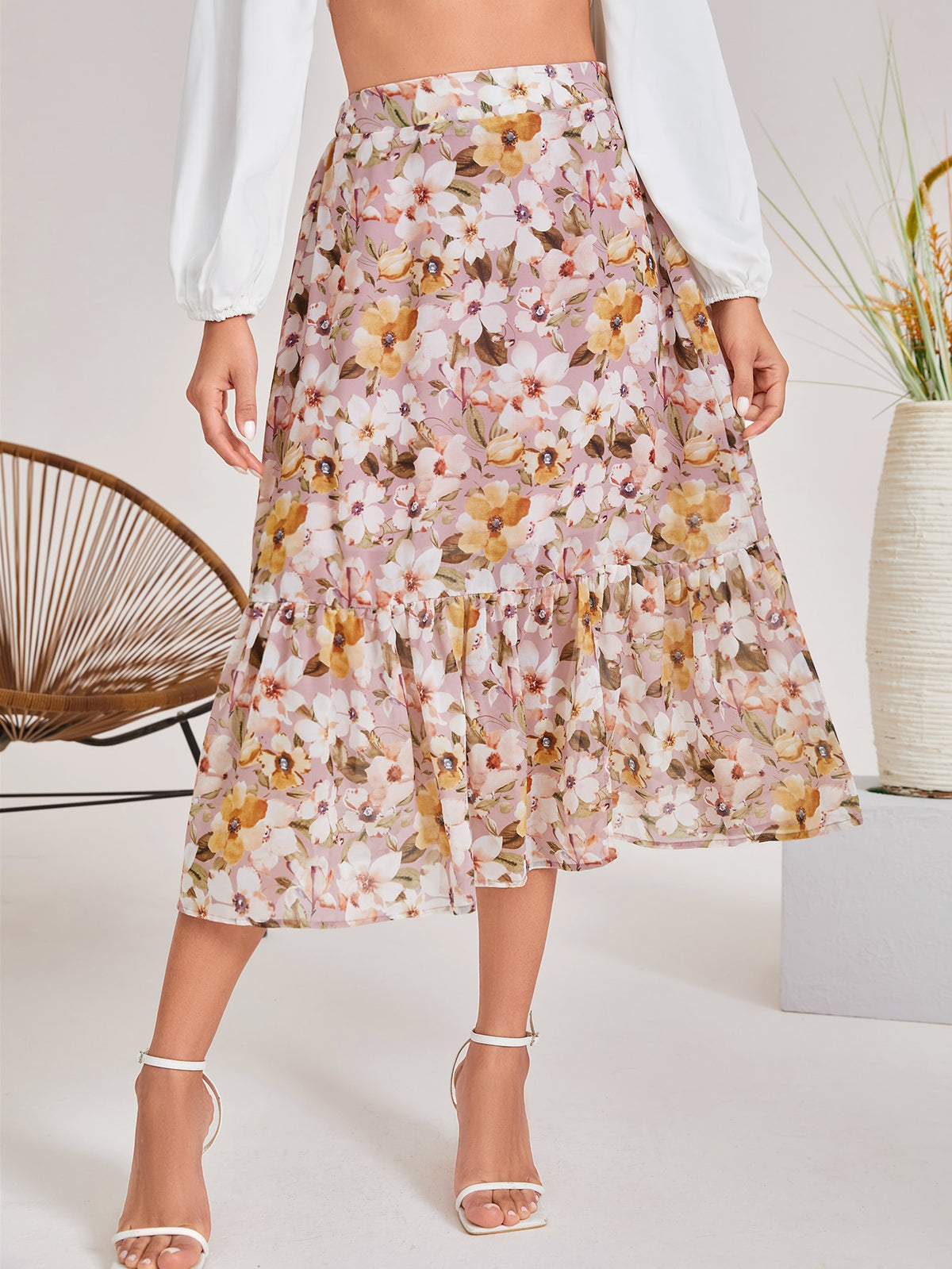 Floral Skirt With Ruffle Hem - 