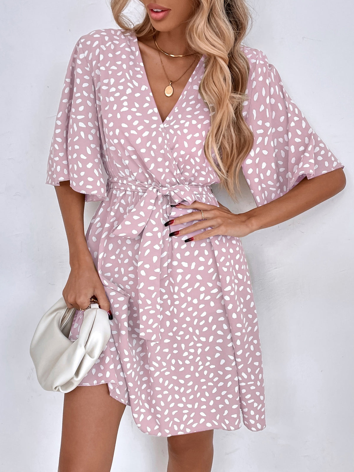 Flounce Sleeve Belted Dress - Pink / L
