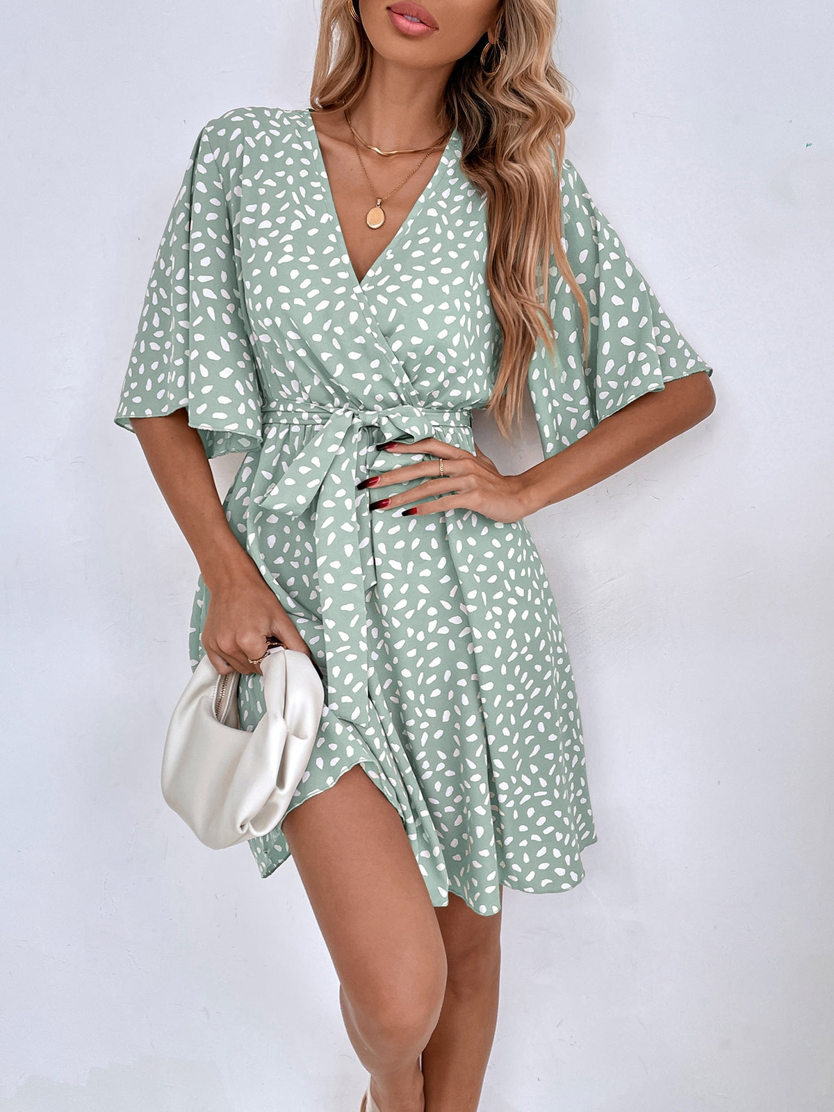 Flounce Sleeve Belted Dress - Mint Green / XL