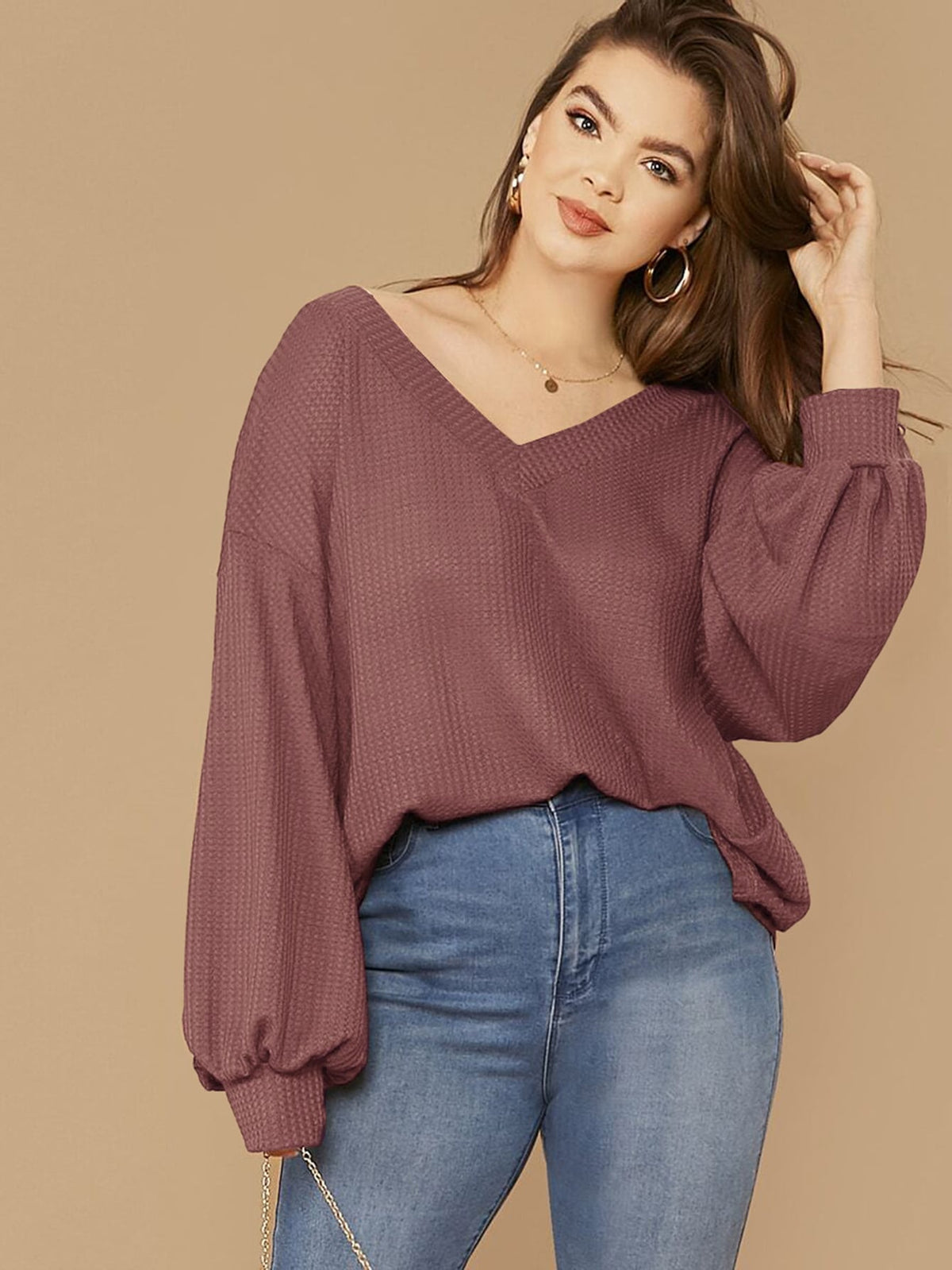 Plus Size Waffle Knit Top - Coffee Brown-2 / 4XL