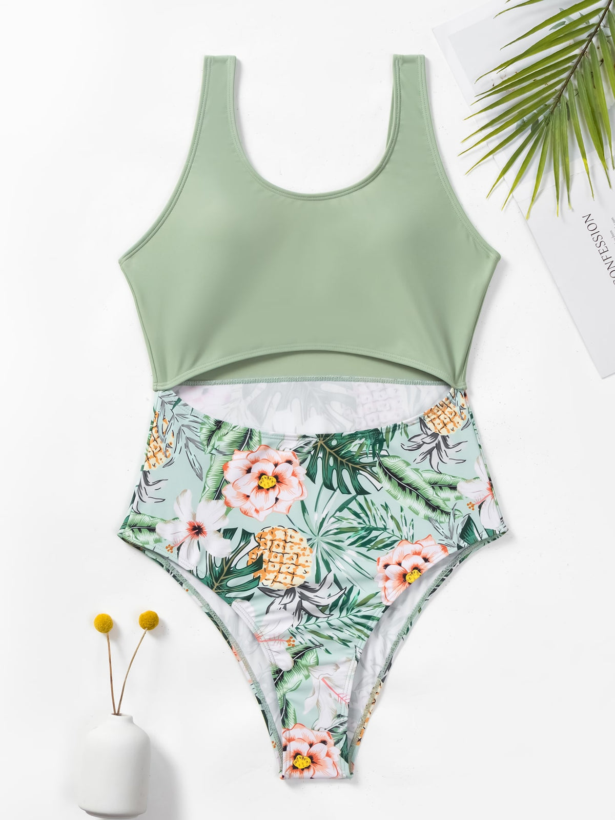 One Piece Tropical Print Swimsuit with Cut out