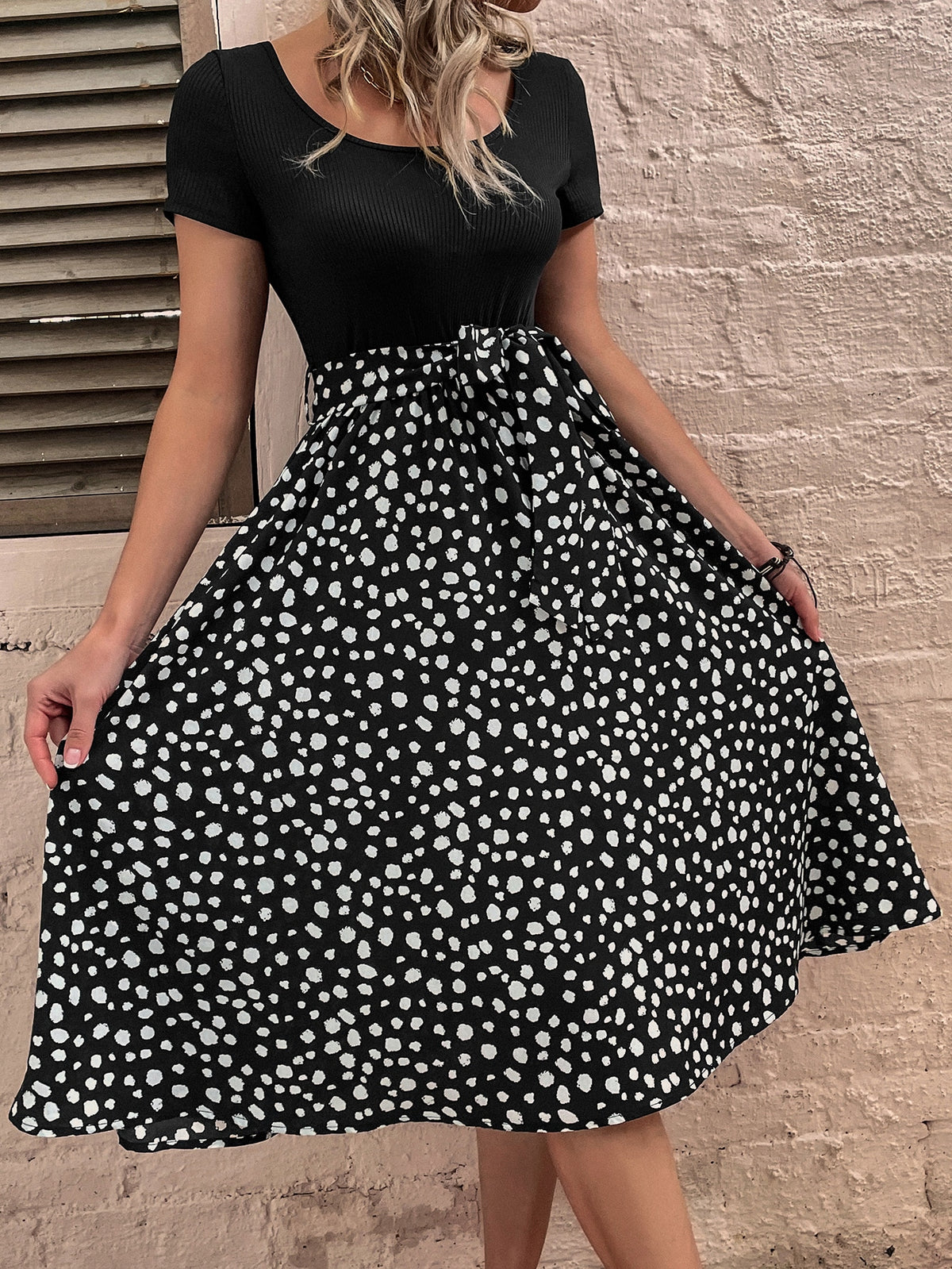 Dotted Print Belted Dress - Black and White / XL