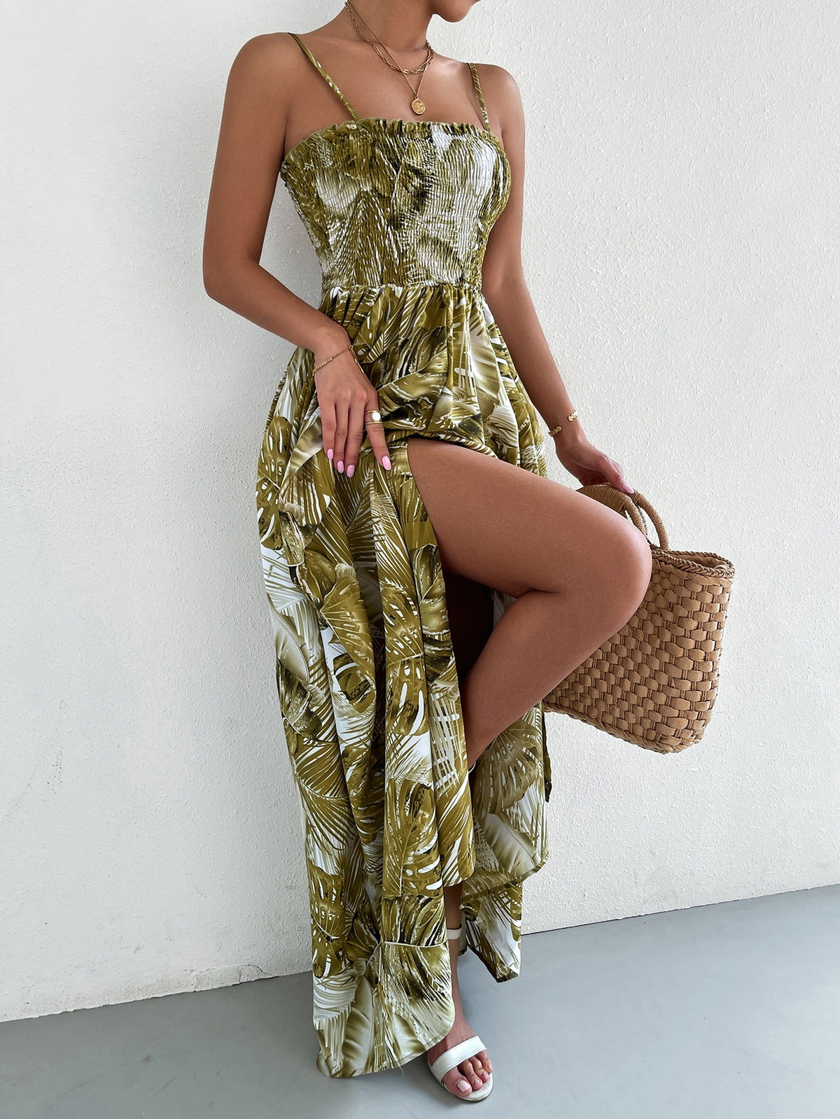 Shirred Cami Dress in Tropical Print - 
