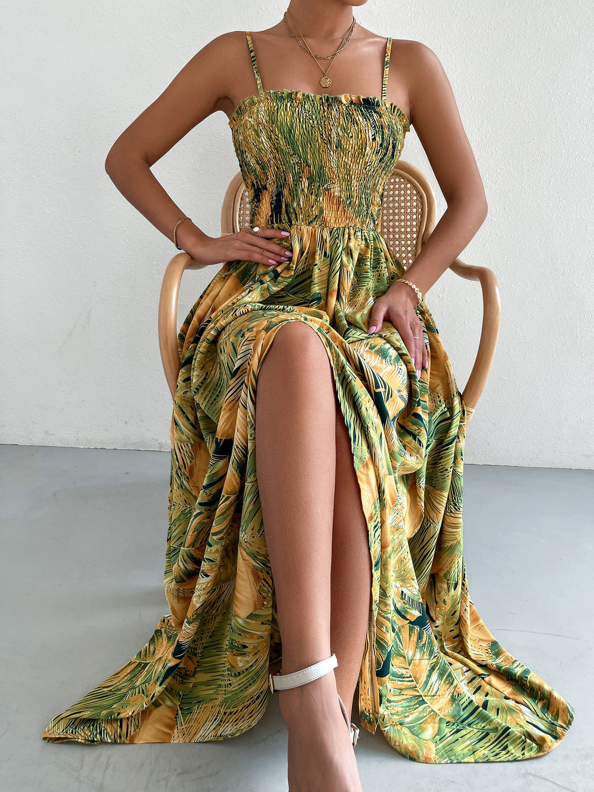 Shirred Cami Dress in Tropical Print - Multicolor / L