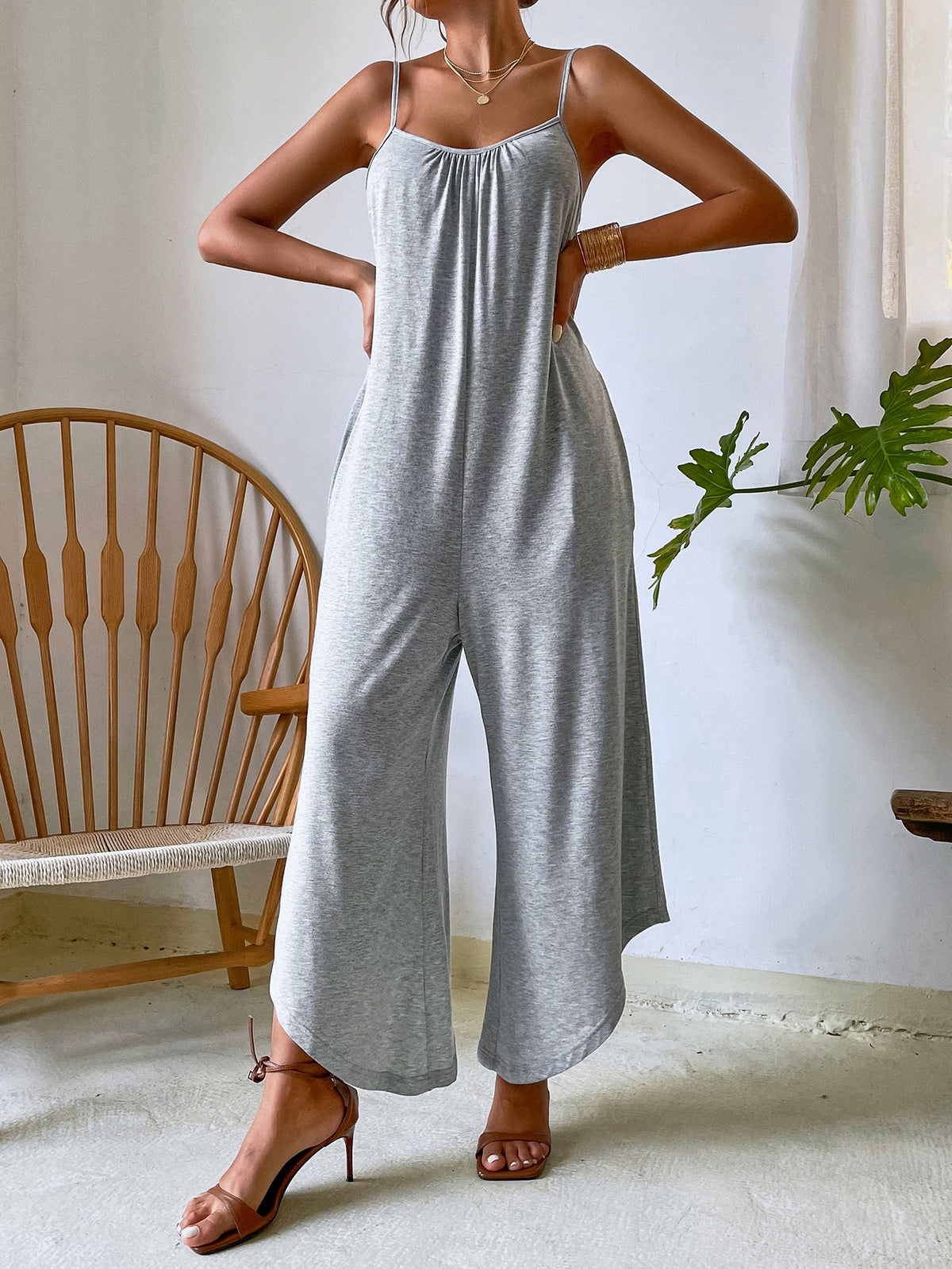 Cami Jumpsuit with Asymmetrical Hem - Light Grey / XL