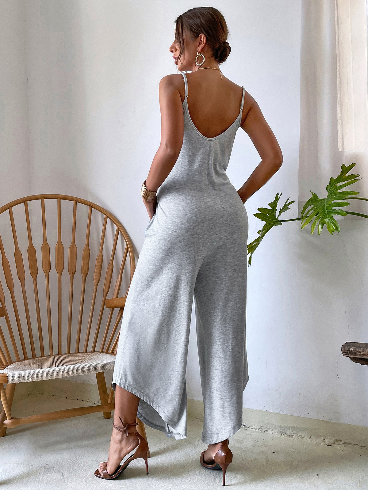  Women's Jumpsuit Patched Detail Ribbed Knit Cami Bodysuit  Jumpsuit Decorall (Color : Gray, Size : Large) : Clothing, Shoes & Jewelry
