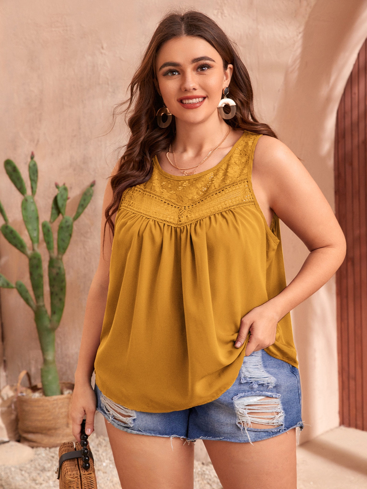 Plus Tank Top with Lace Insert - Yellow / 4XL