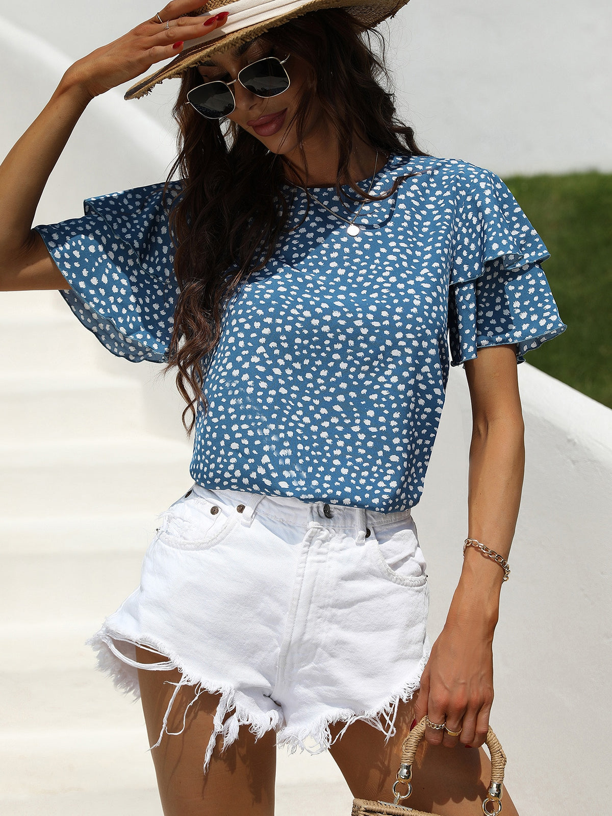 Blouse with Layered Sleeve - Blue / XL