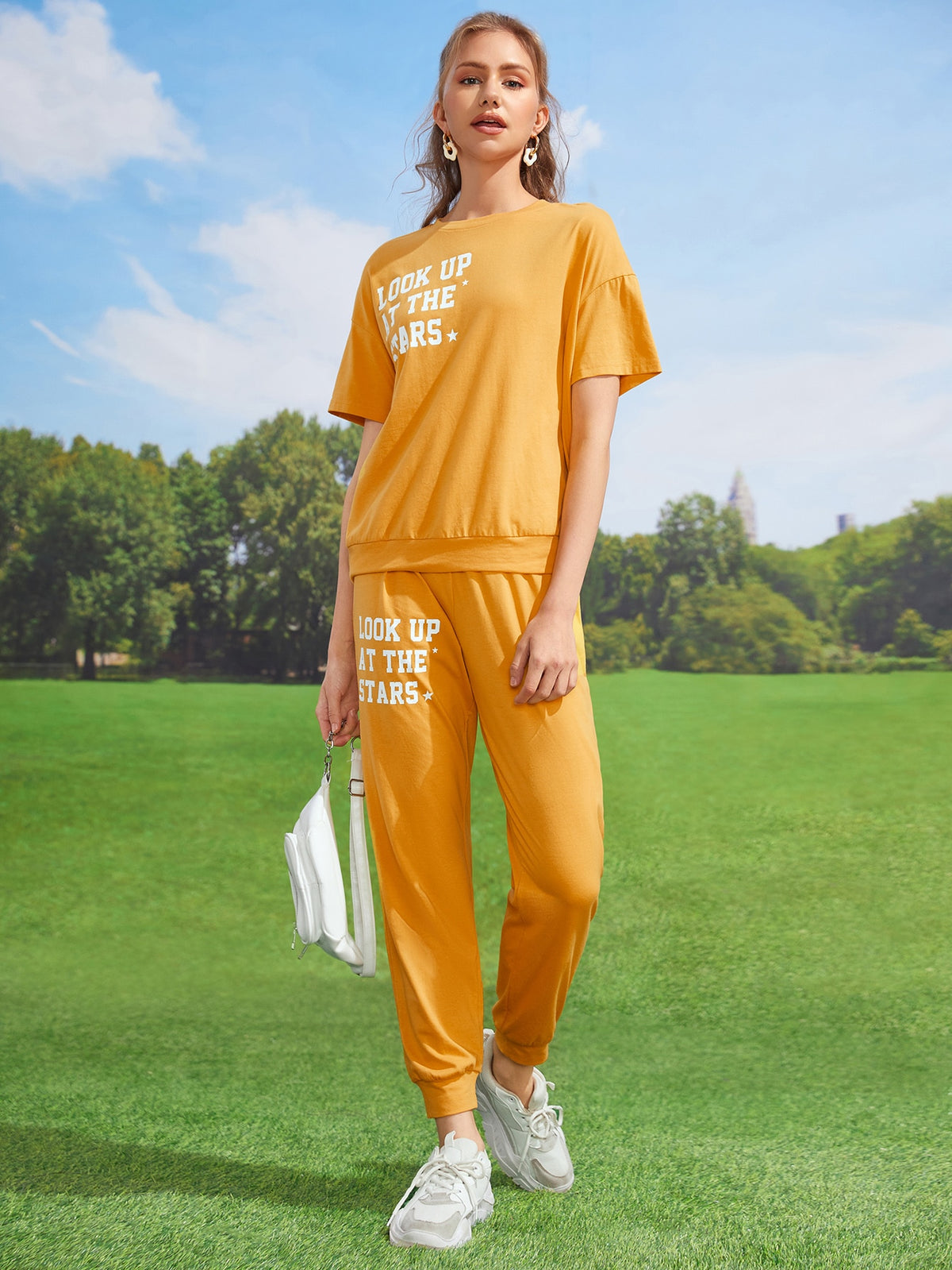 Graphic Tee and Sweatpants Set - Yellow / XL