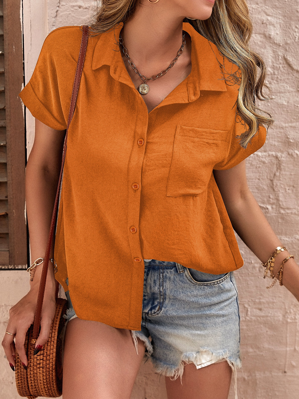 Blouse with Patched Pocket - Orange / XL