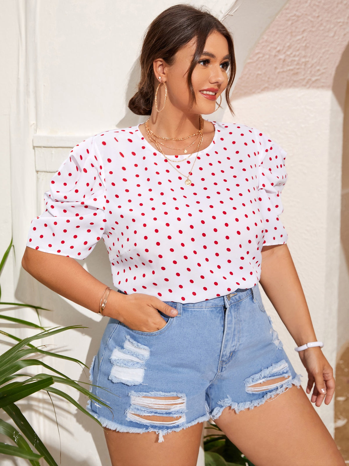 Plus Polka Dot Blouse - Red and White / 4XL