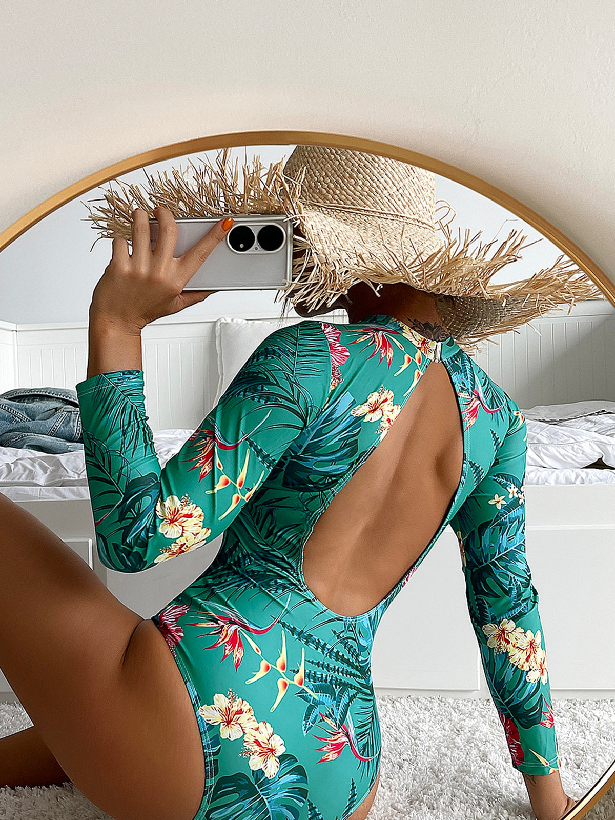 Tropical Print High Neck One Piece Swimsuit - 
