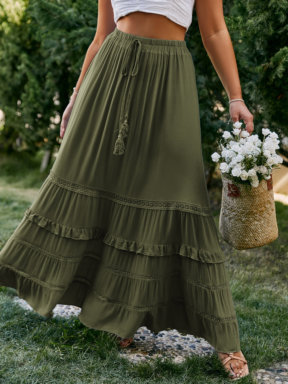 Plus Drawstring Waist Skirt with Lace Insert Layered Hem