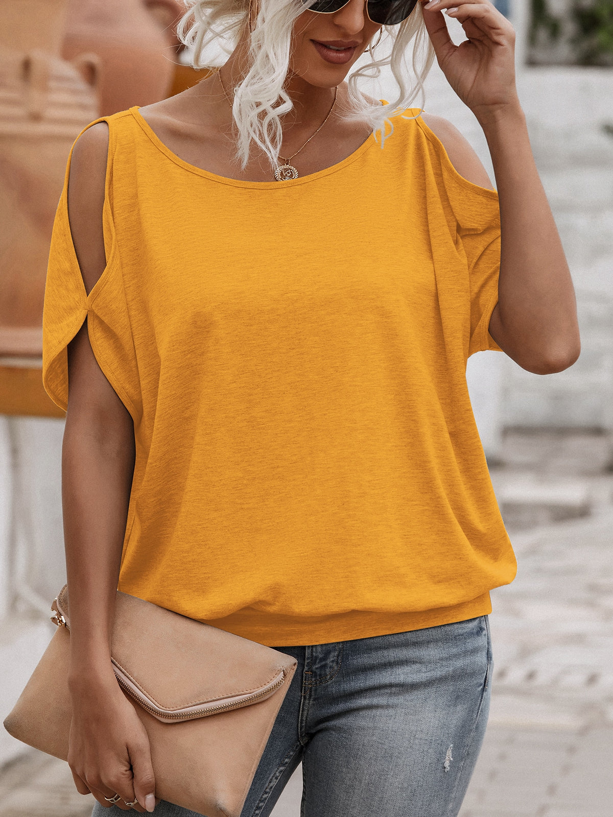Cold Shoulder Tee with Tie Back - Yellow / XL