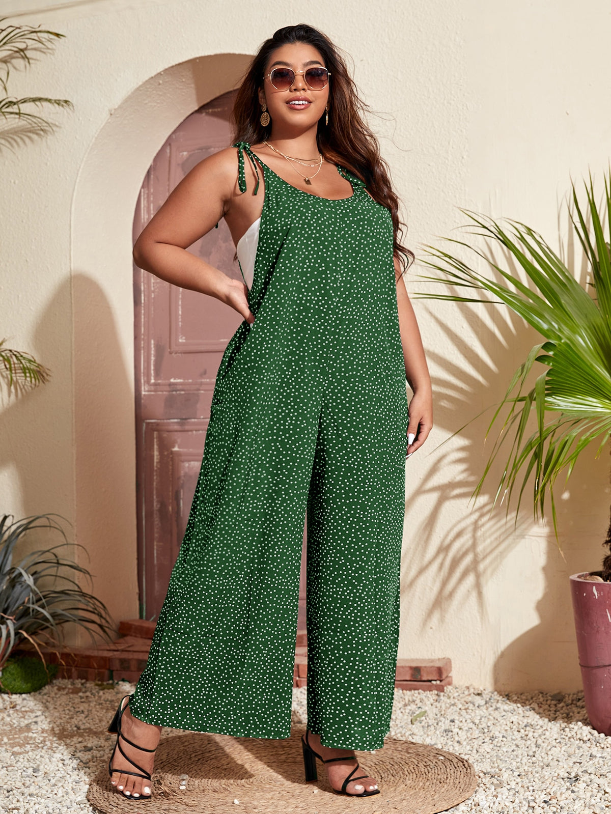 Plus Polka Dot Cami Jumpsuit with Knotted Shoulder - Green / 4XL