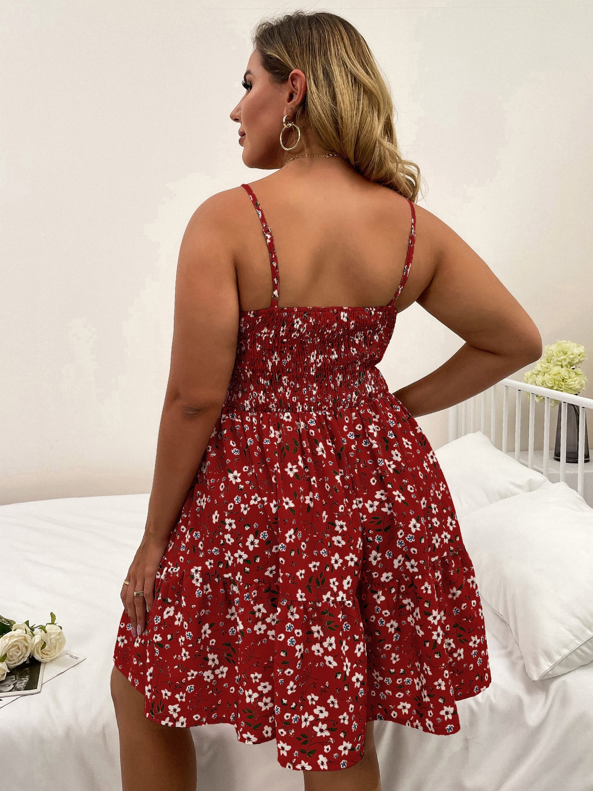 Plus Floral Shirred Back Cami Dress with Ruffle Hem - 