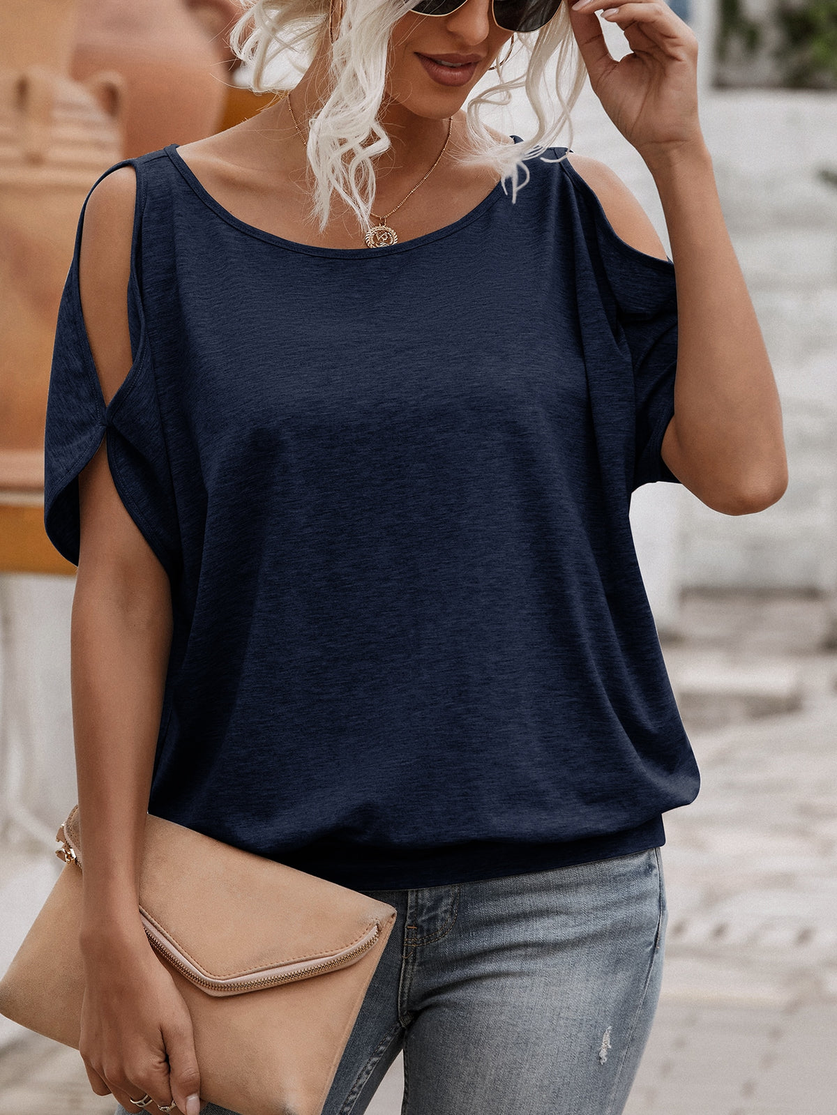 Cold Shoulder Tee with Tie Back - Navy Blue / XL