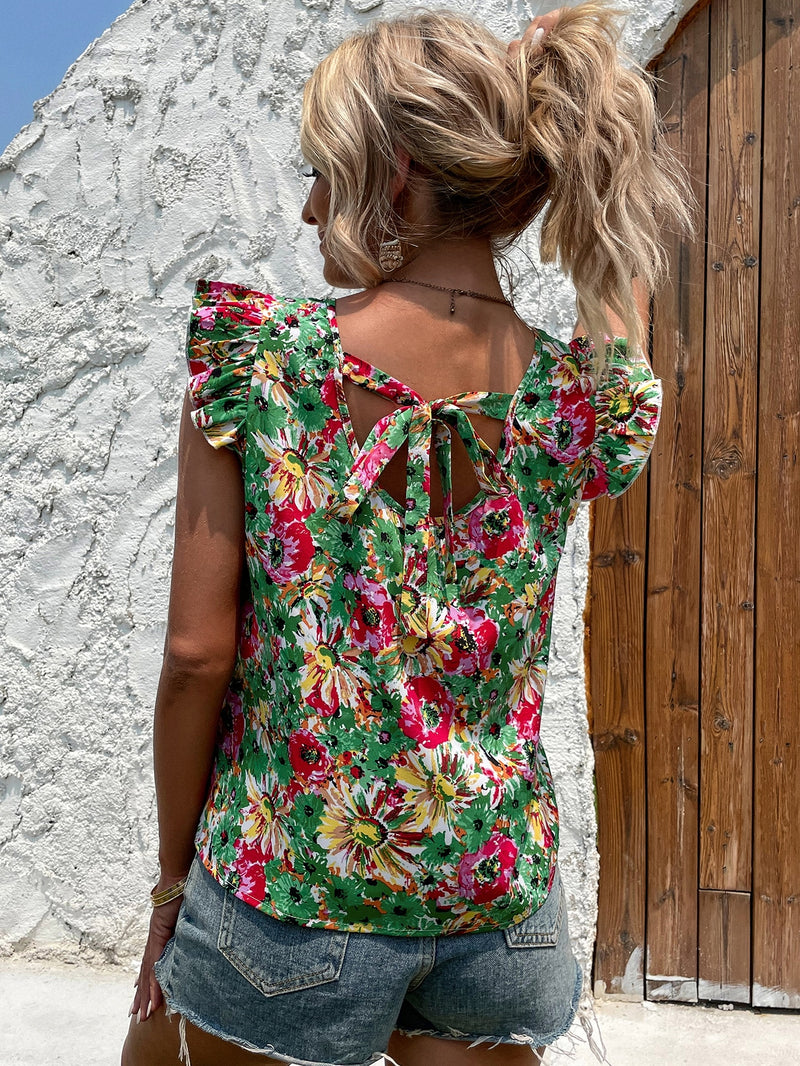Large Florals Print Blouse with Ruffle Trim - 