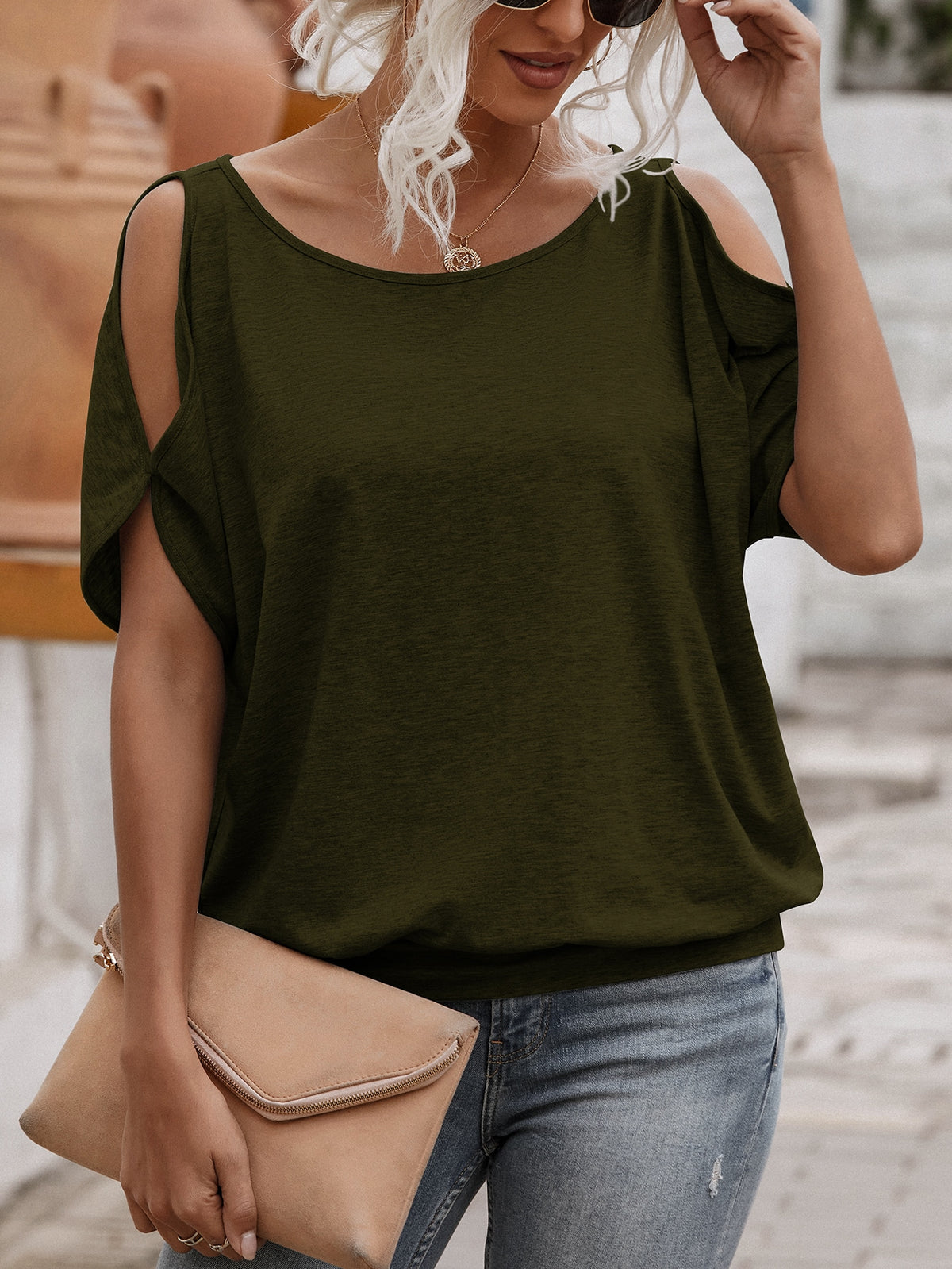 Cold Shoulder Tee with Tie Back - Army Green / XL