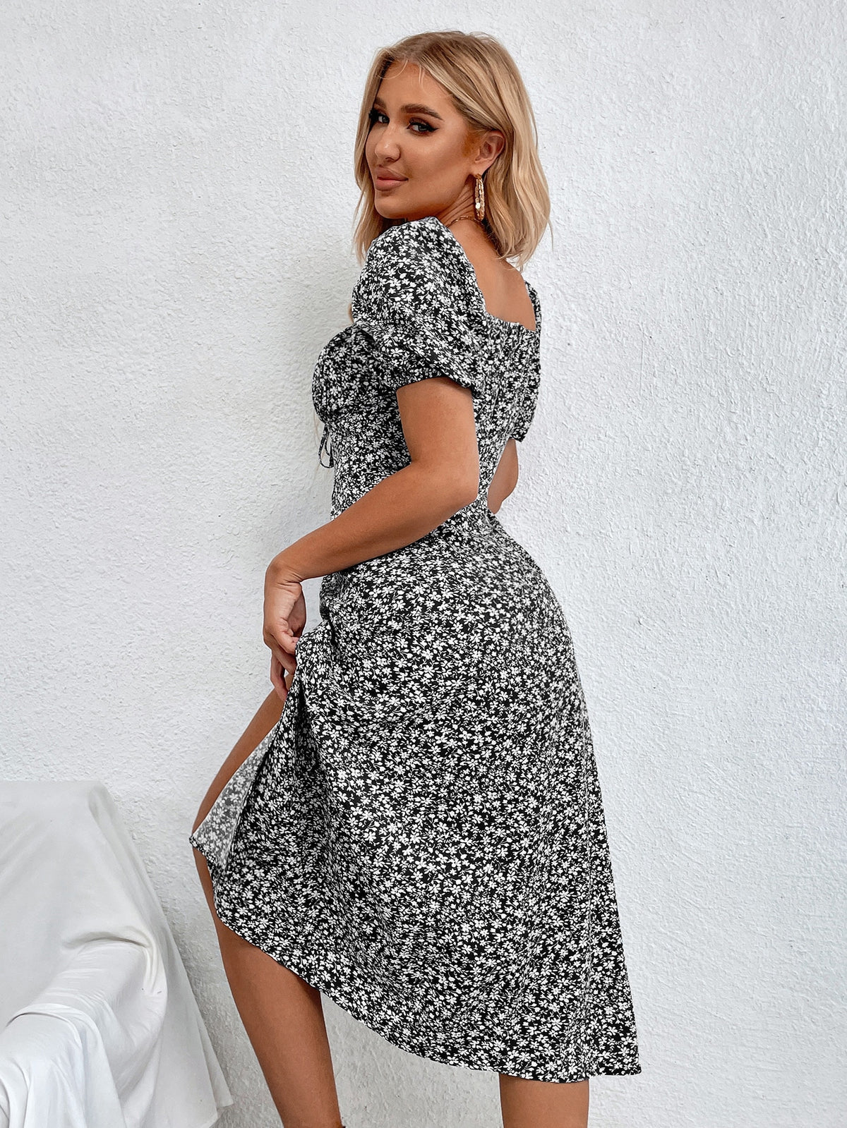 Floral Print Split Thigh Dress with Tie Front