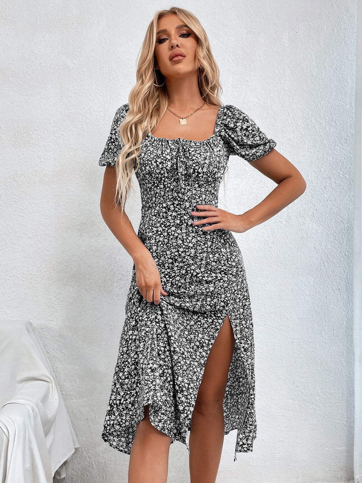 Floral Print Split Thigh Dress with Tie Front