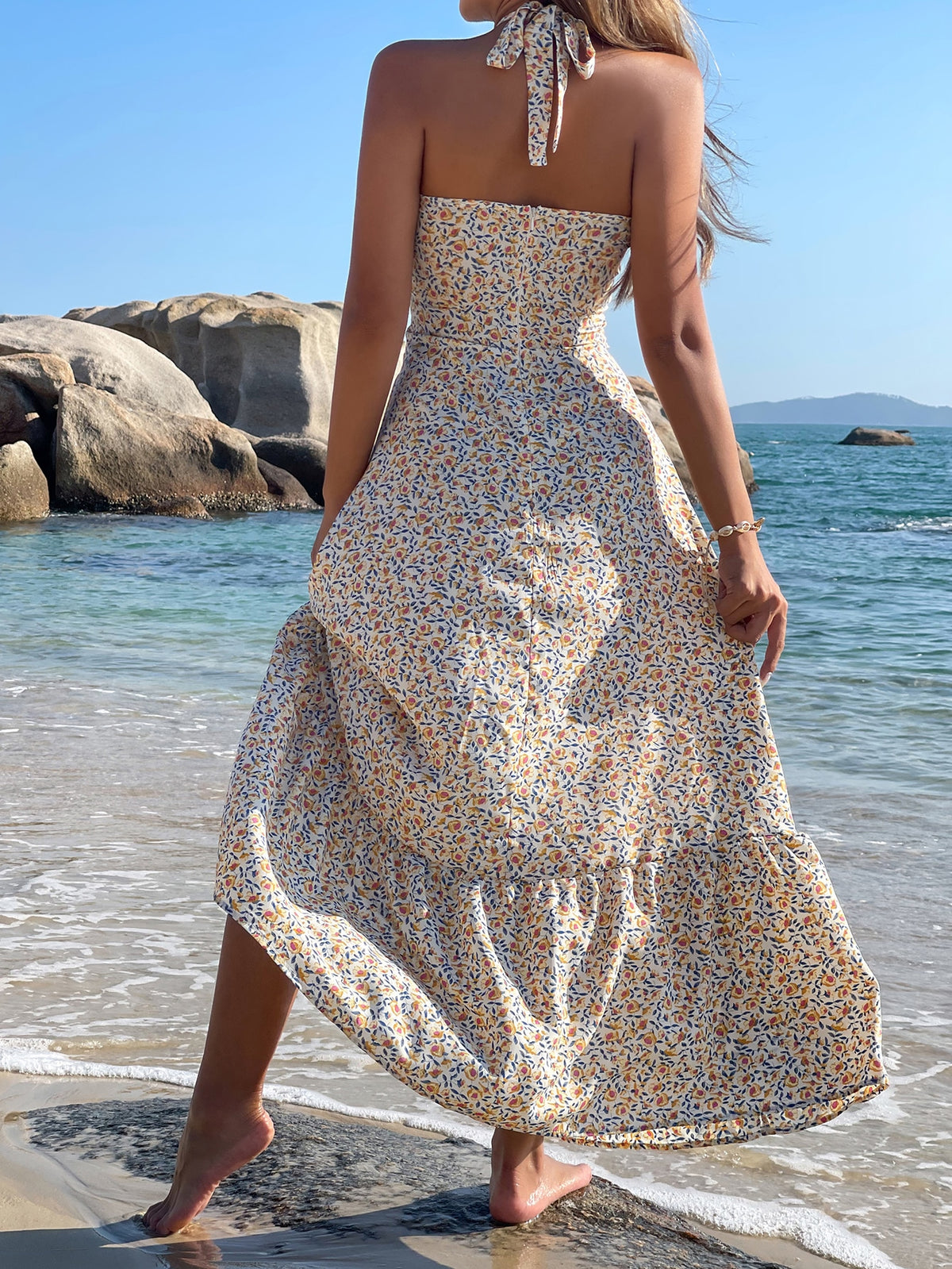 Floral Print A line Dress with Shirred Ruched Bust | Pomona and Peach Multicolor / XS Floral Print A line Dress with Shirred Ruched Bust | Pomona and Peach Multicolor / XS