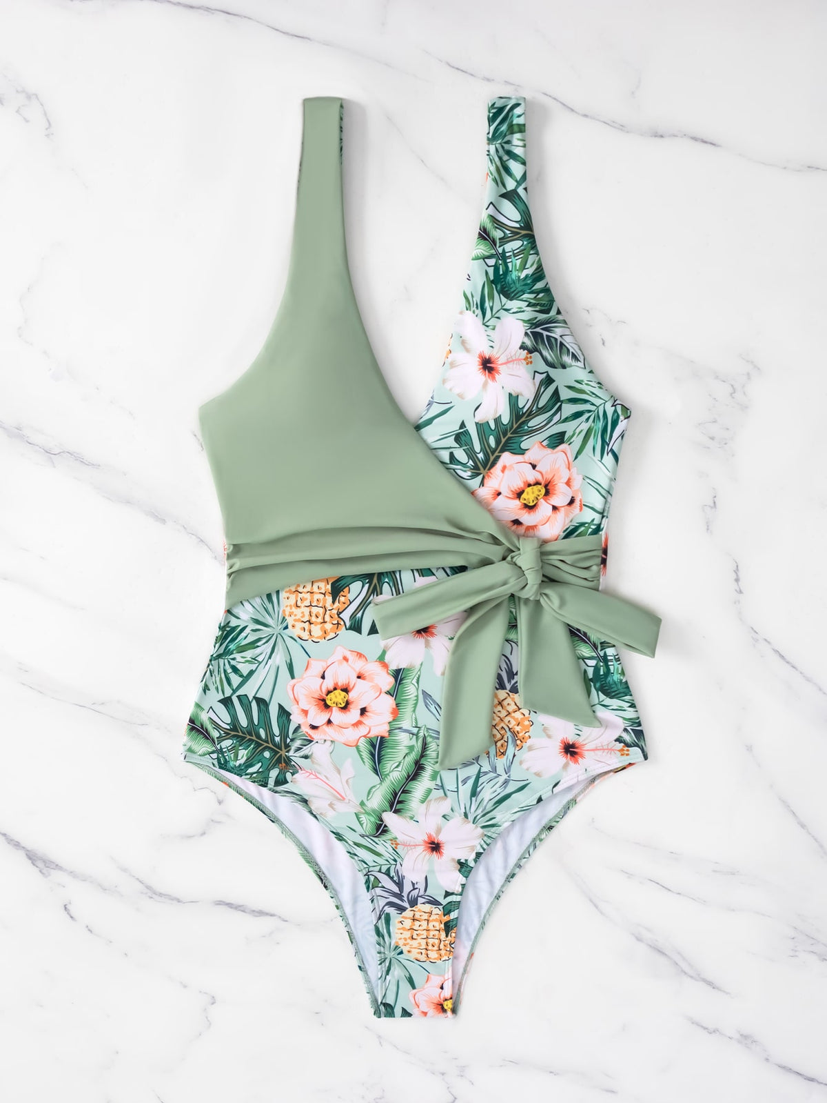 Elegant Tropical Green Print Tie Waist One-Piece Swimsuit