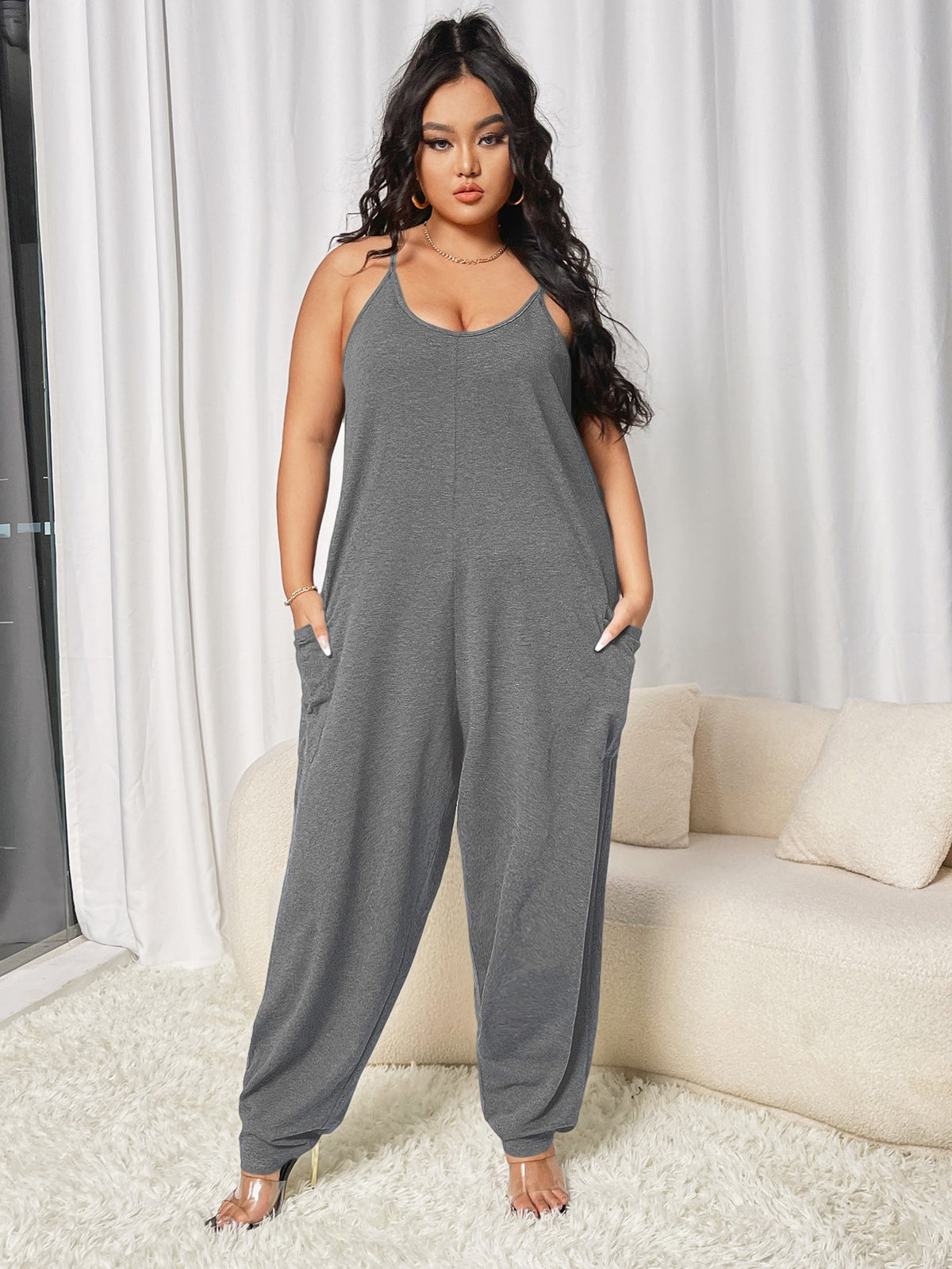 Plus Loose Cami Jumpsuit with Dual Pockets - Grey / 4XL