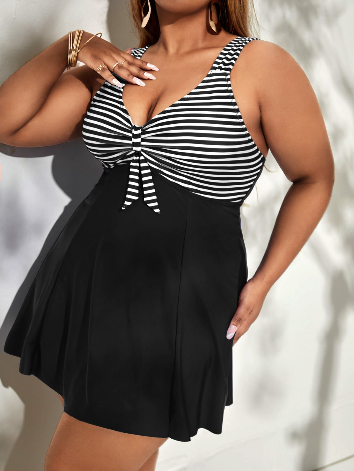 Plus Striped Swimsuit with Knot Front