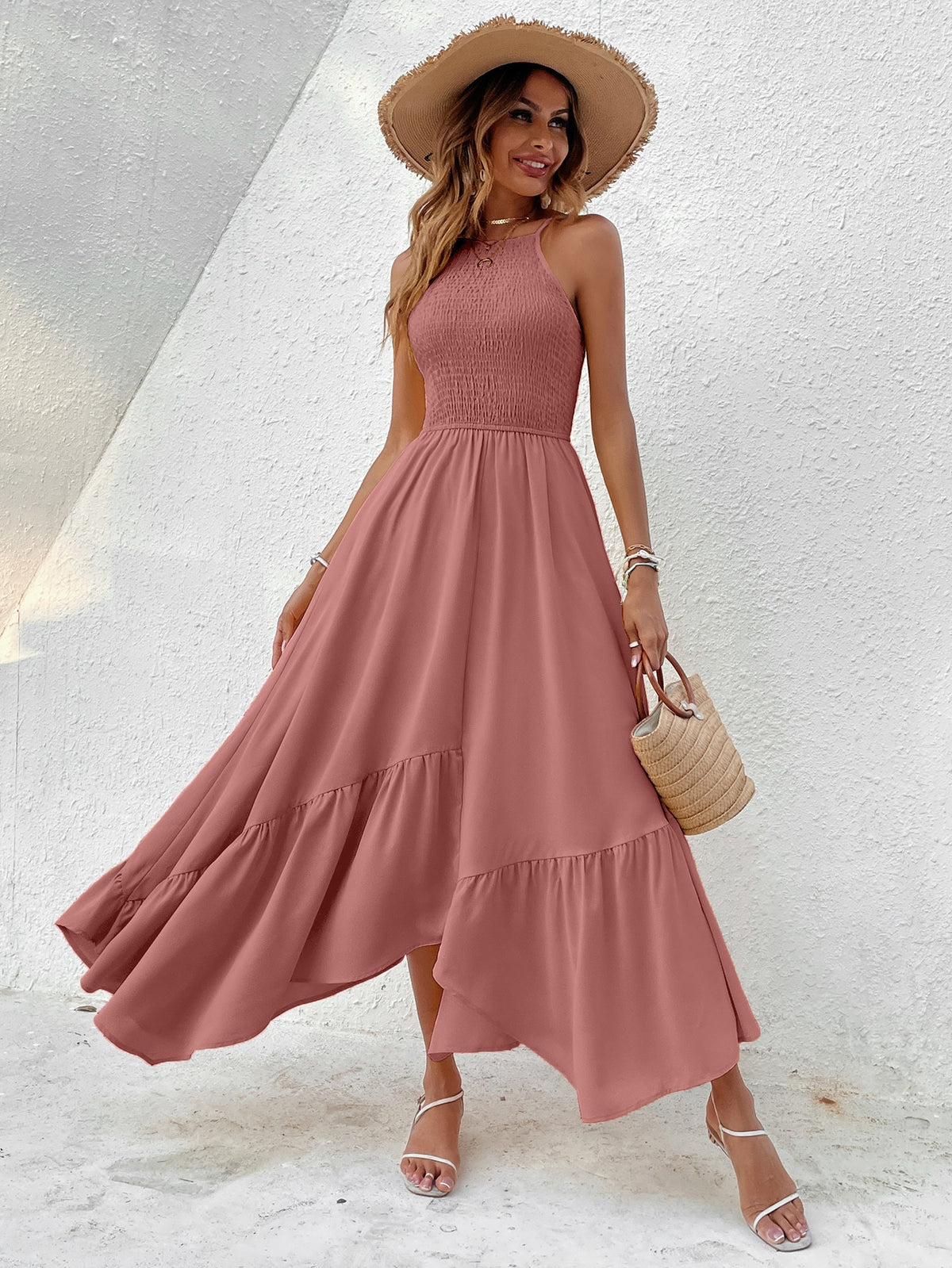 Shirred Cami Dress with Hanky Hem - Dusty Pink / XL