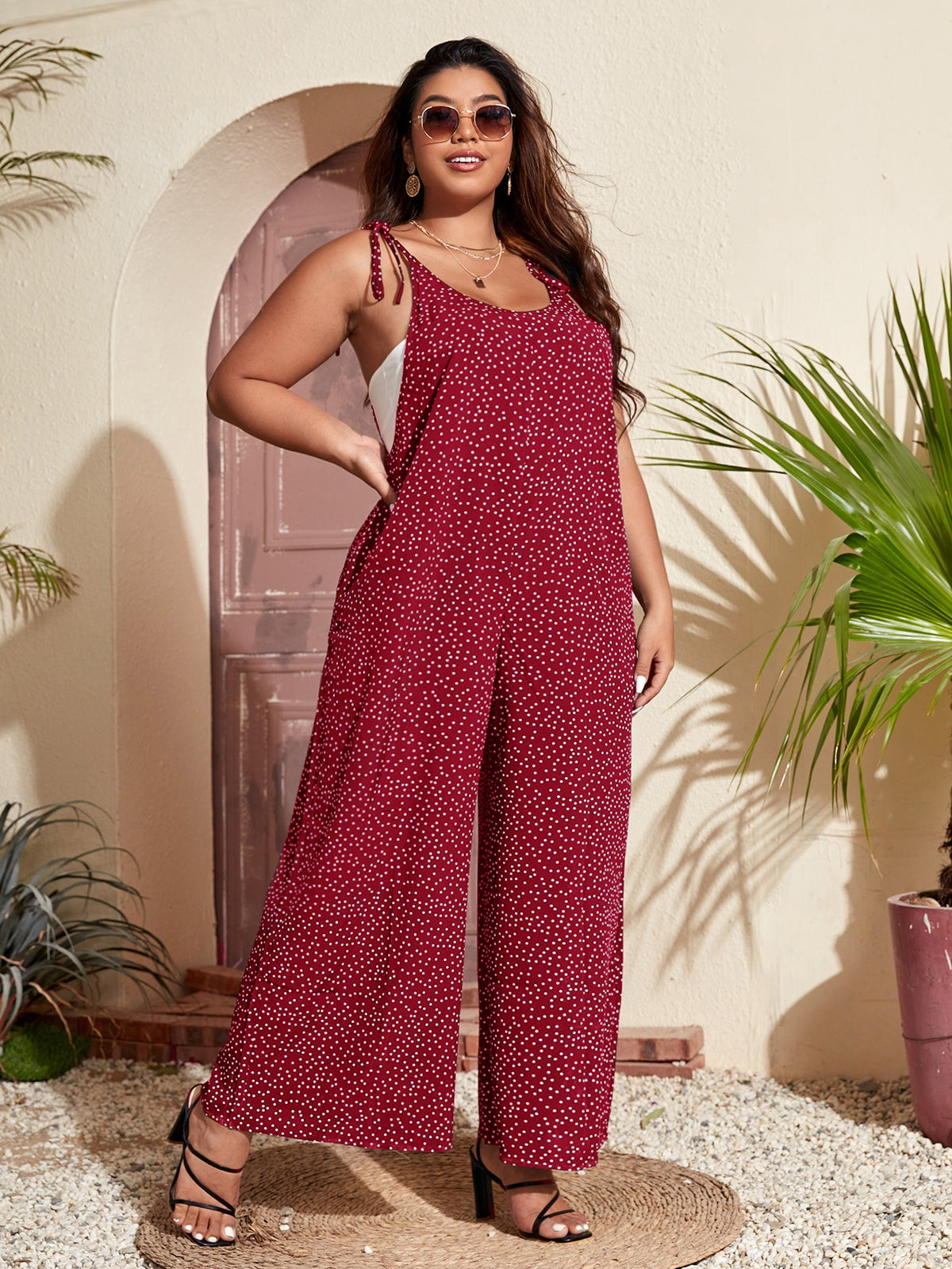 Plus Polka Dot Cami Jumpsuit with Knotted Shoulder - Burgundy / 4XL