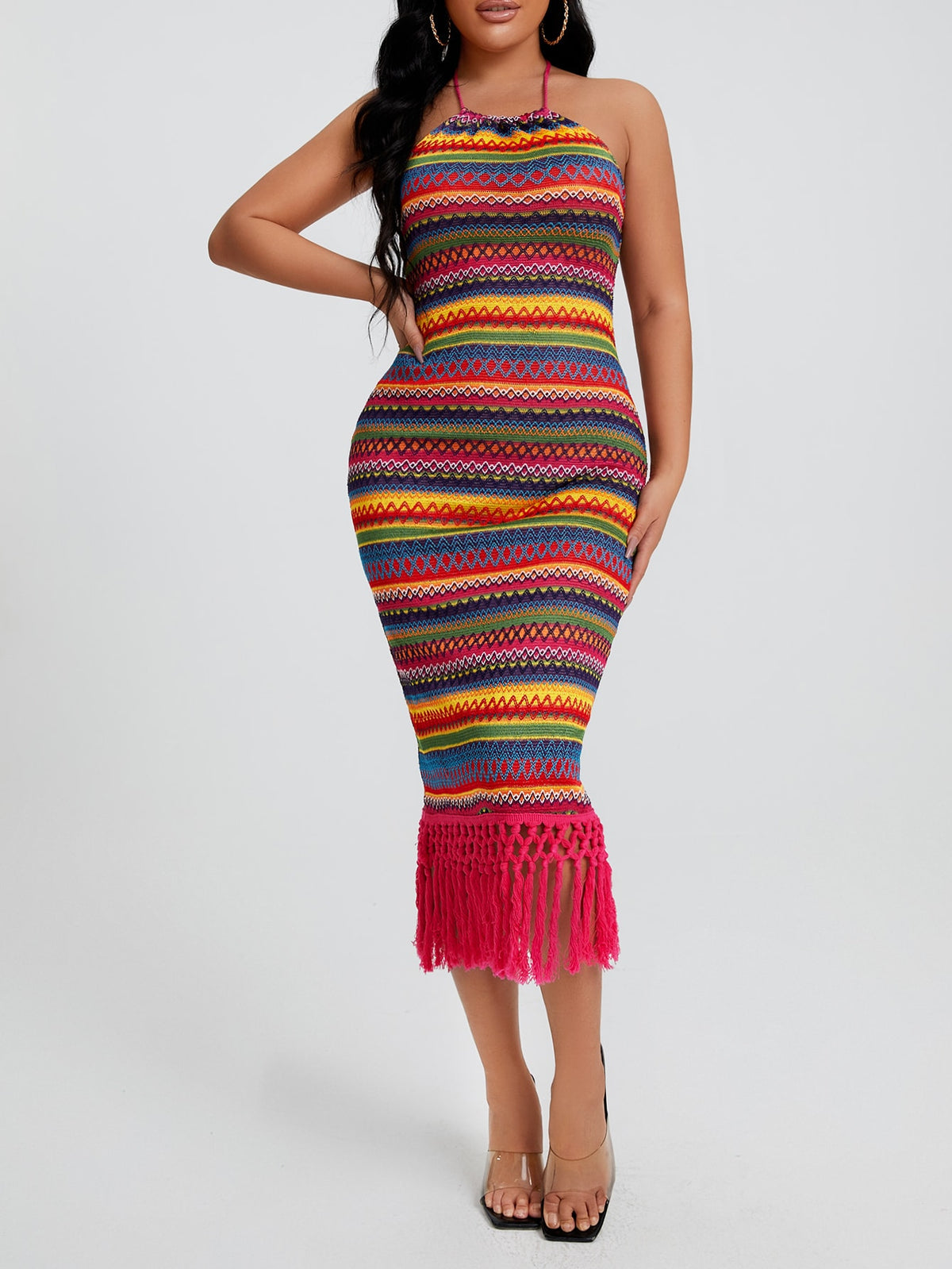 Boho Halter Dress with Fringe Hem - Multicolor / L