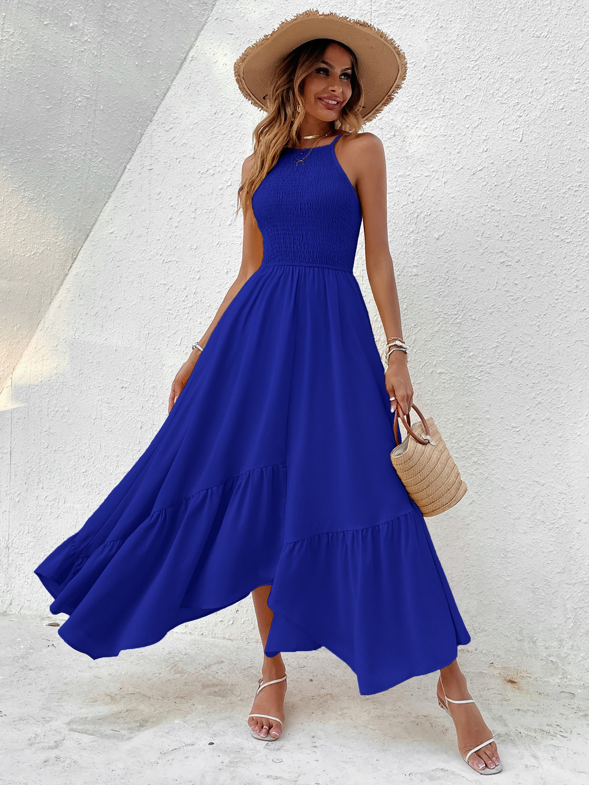Shirred Cami Dress with Hanky Hem - Royal Blue / XL