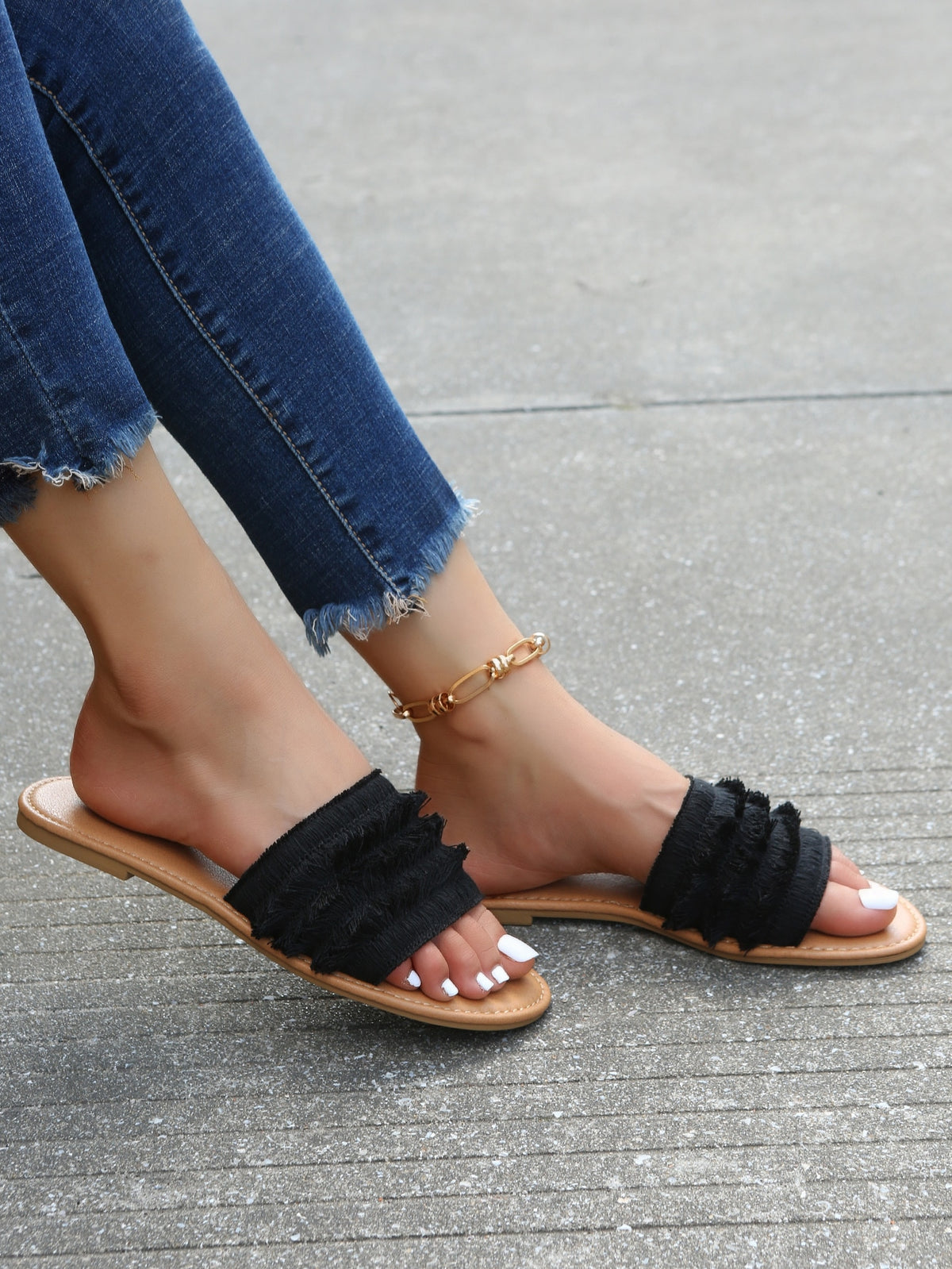 Single Band Slide Sandals with Raw Trim