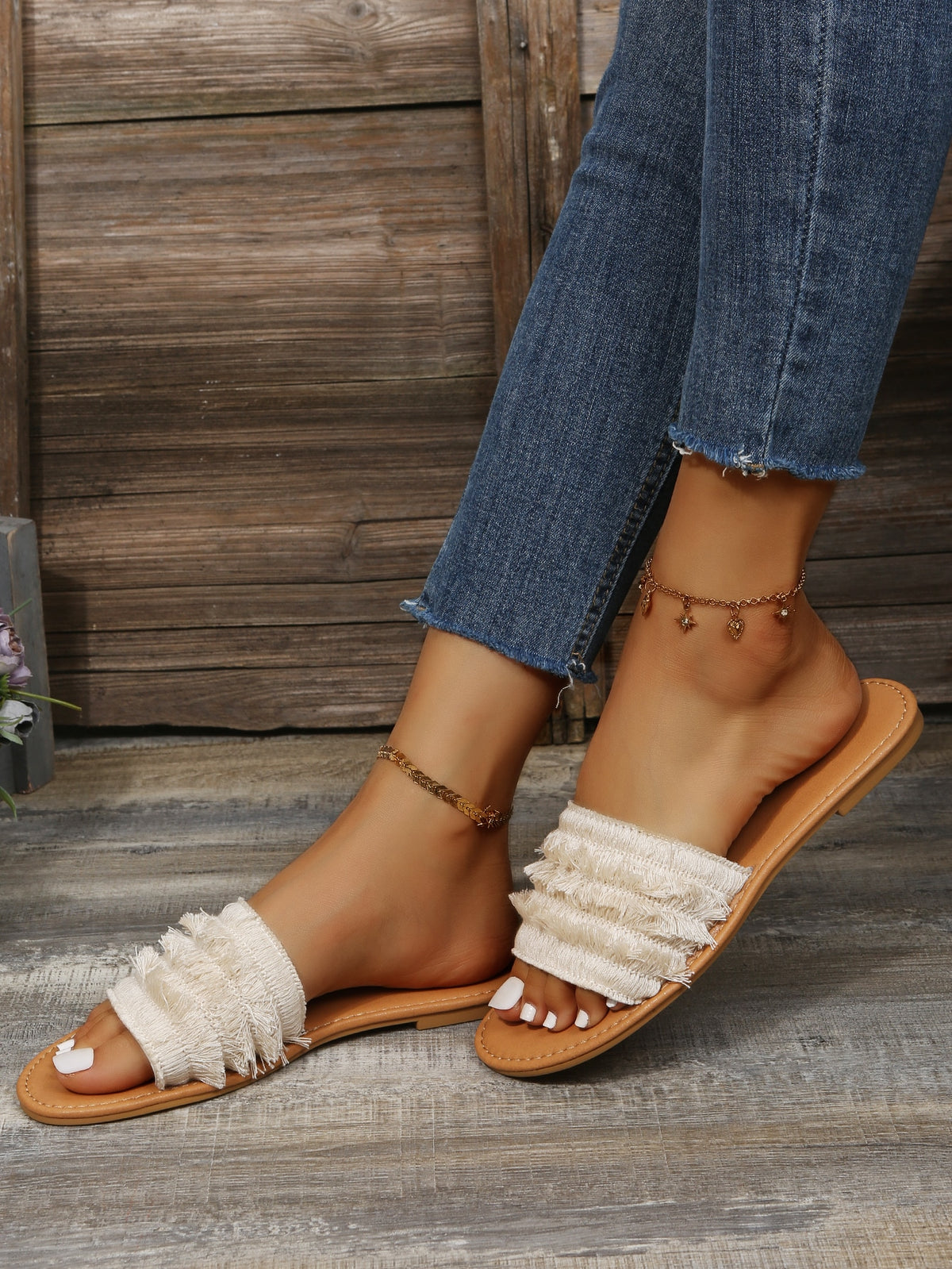 Single Band Slide Sandals with Raw Trim
