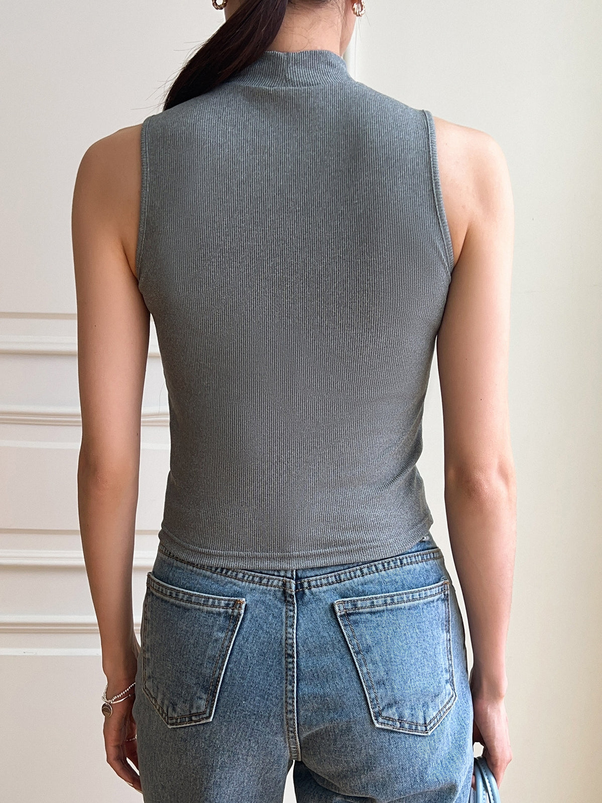 Ribbed Knit Tank Top with Mock Neck