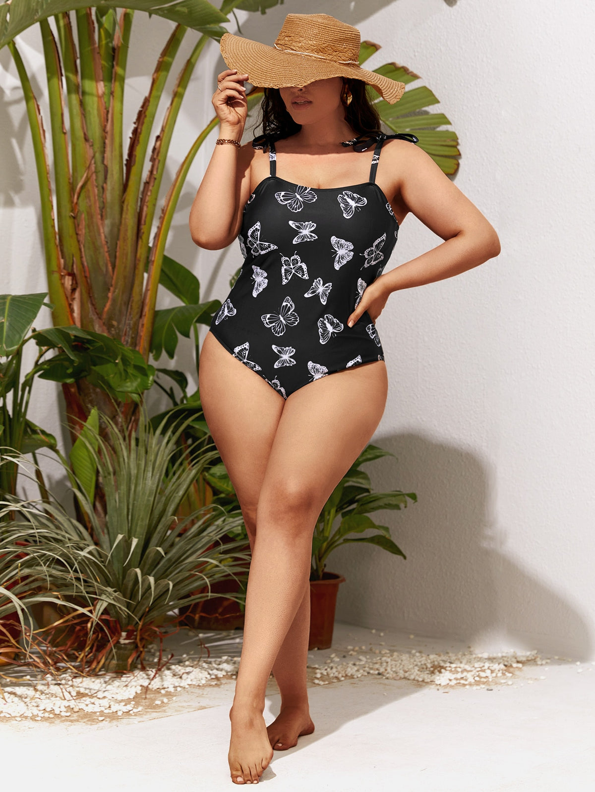 Plus One Piece Swimsuit  Butterfly Print with Shoulder Tie