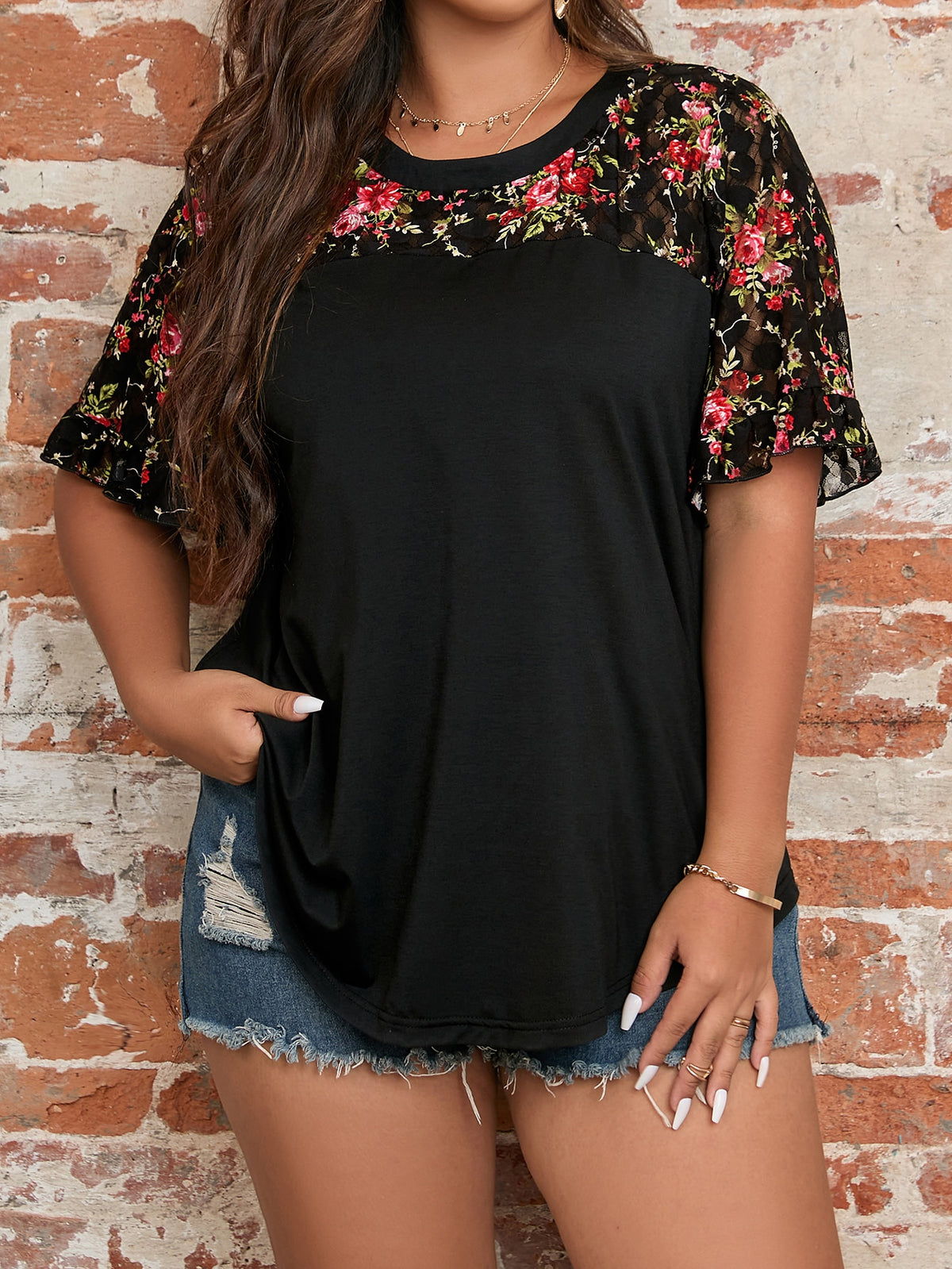 Plus Floral Top with Embroidery