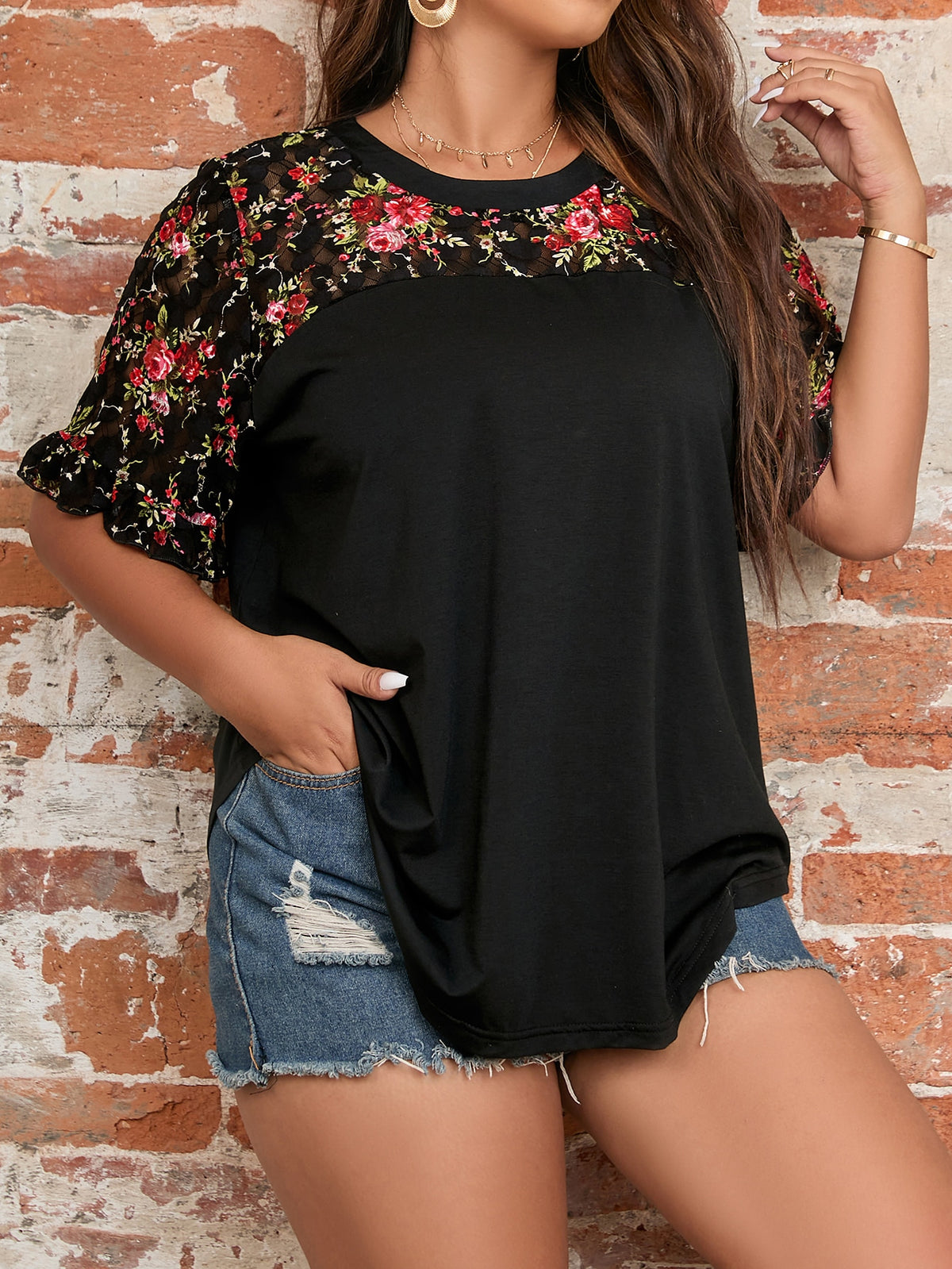 Plus Floral Top with Embroidery
