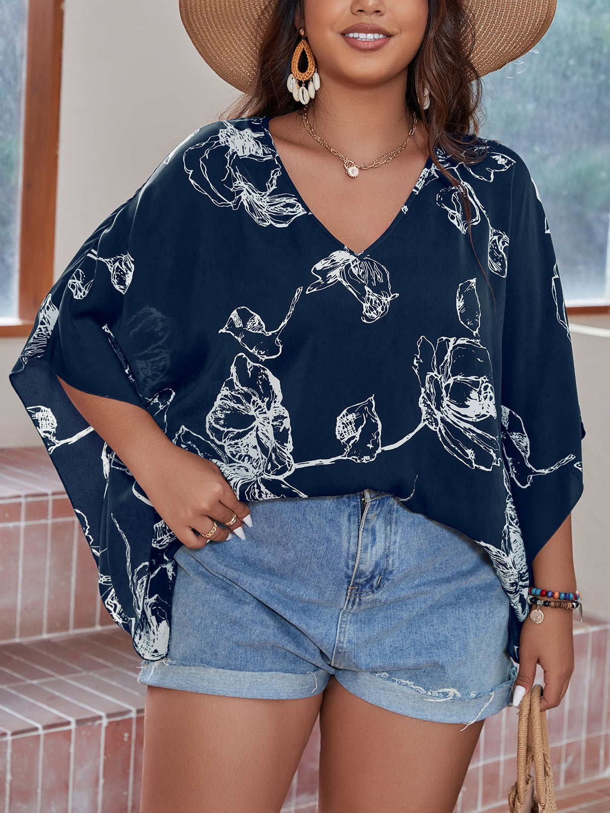 Plus Floral Print Blouse with Batwing Sleeve