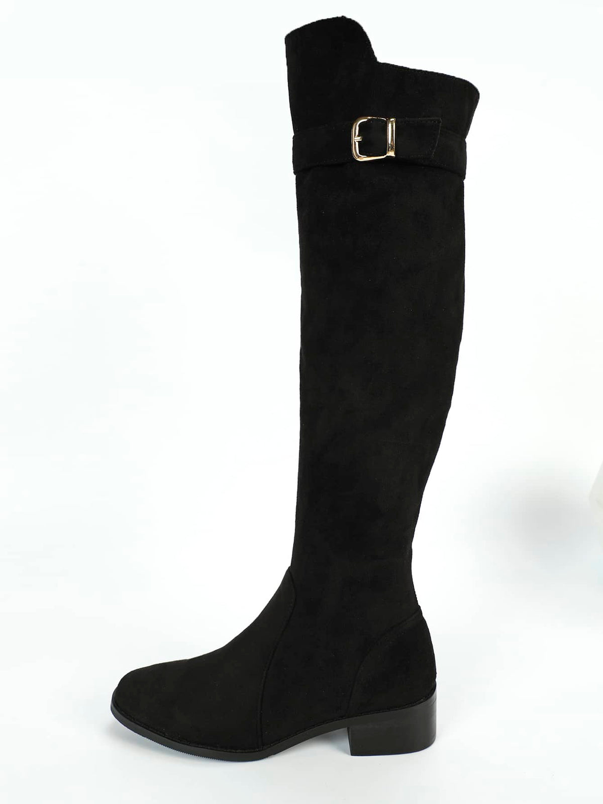 Women Black Knee High Riding Boot in Faux Suede with Buckle Decor Zipper Side