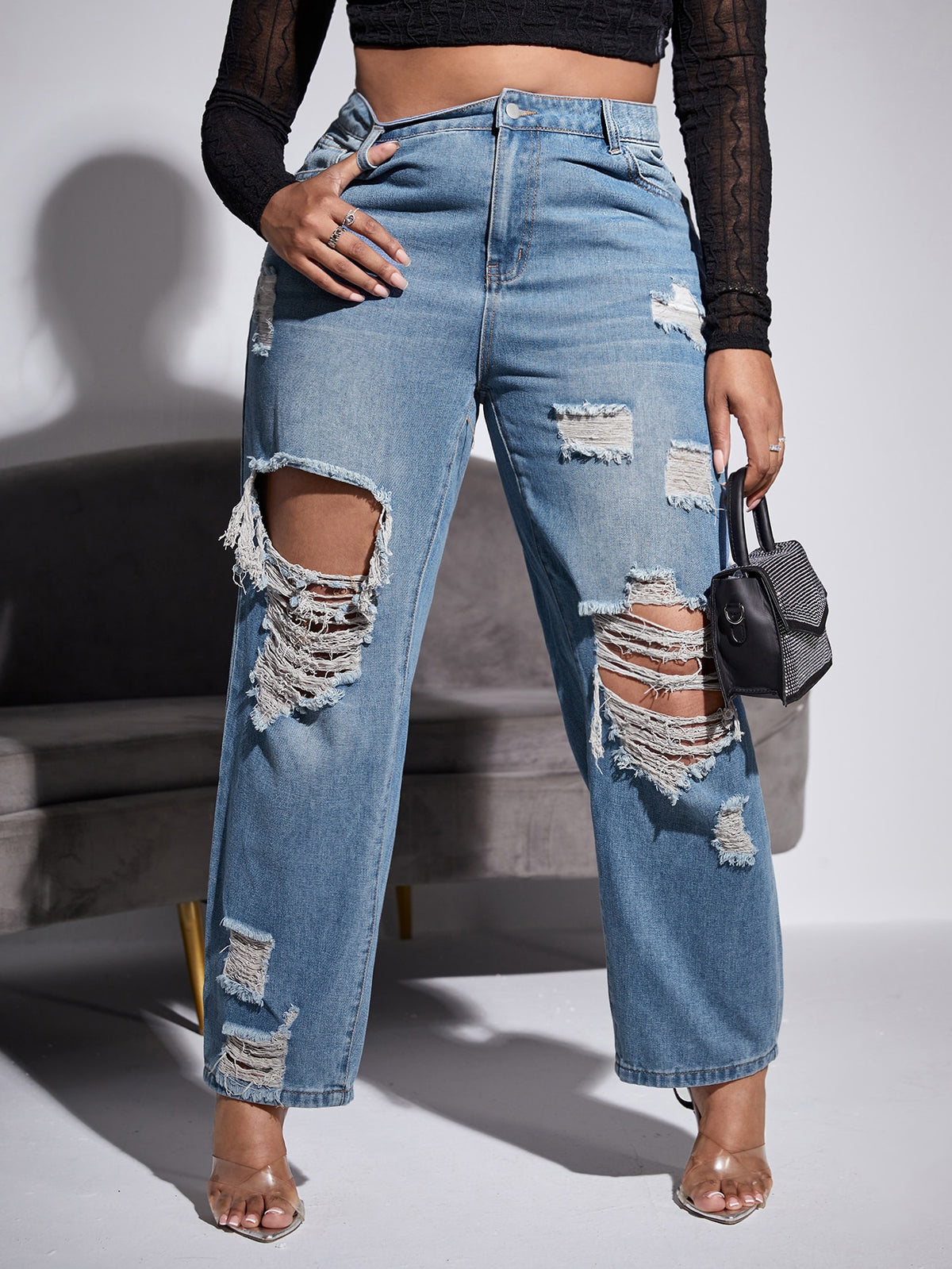 Plus Straight Leg Jeans with Ripped Cut Out