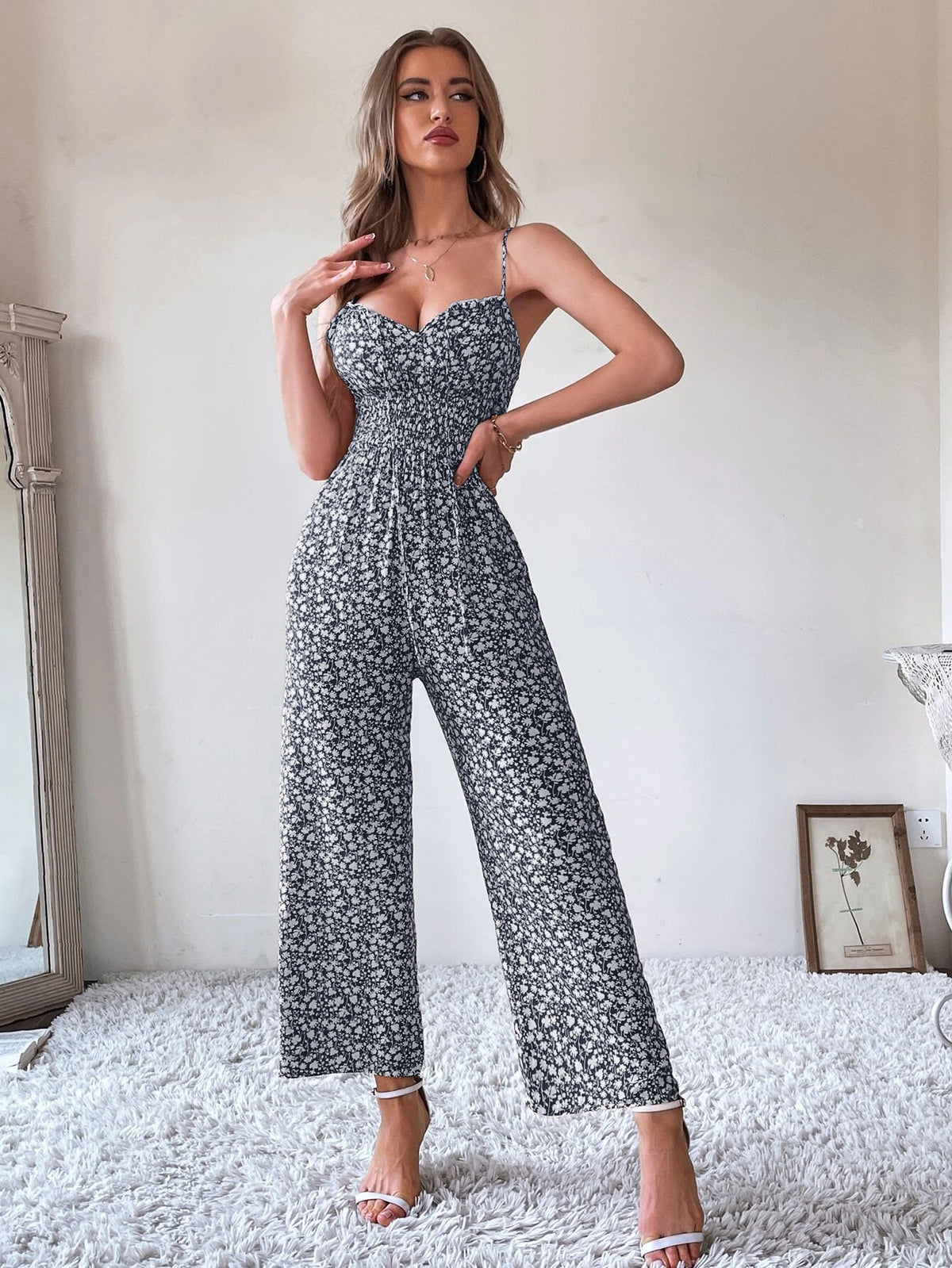 Cami Jumpsuit with Tie Front Shirred Waist
