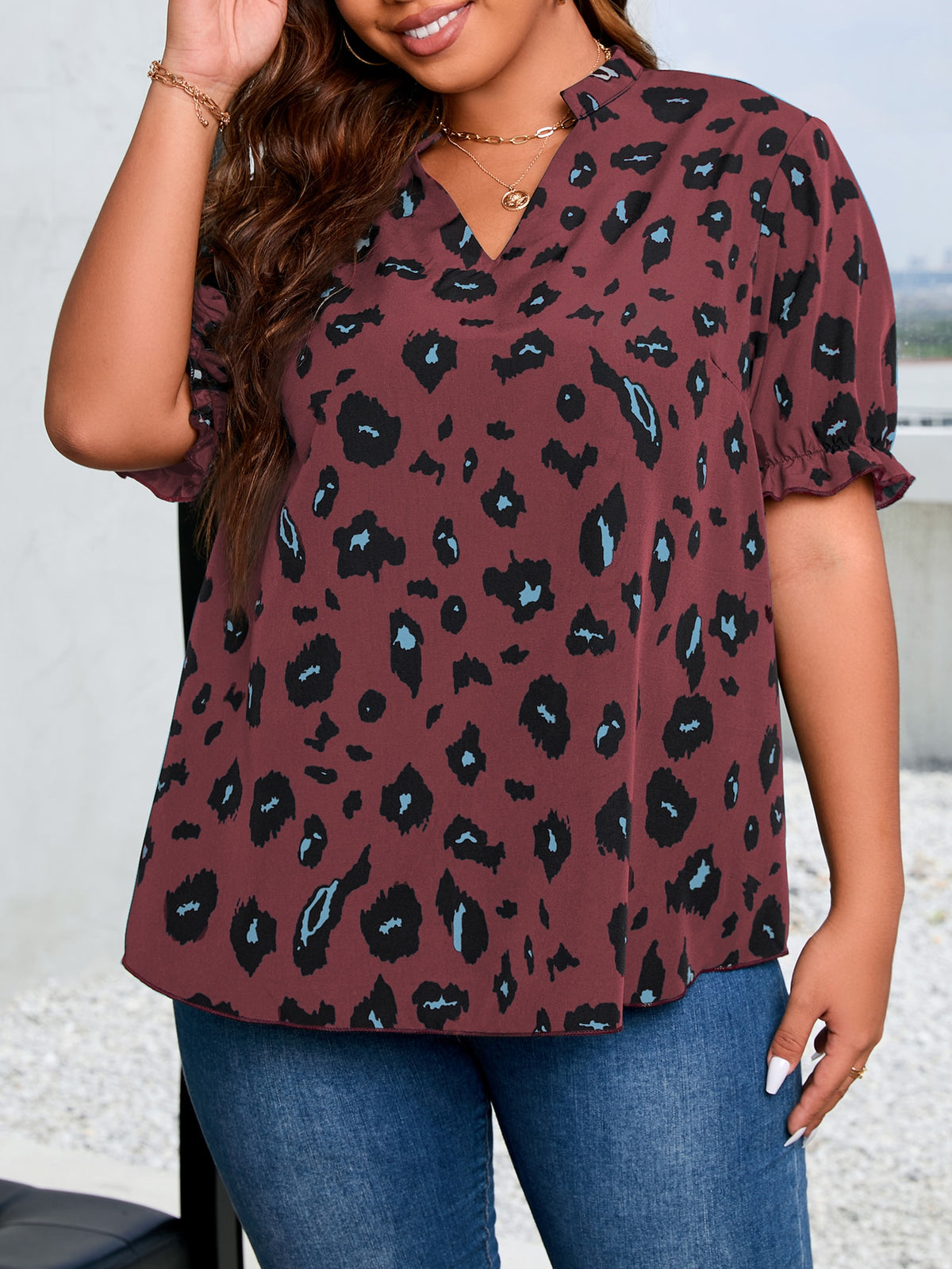 Plus Print Blouse with Notched Neck