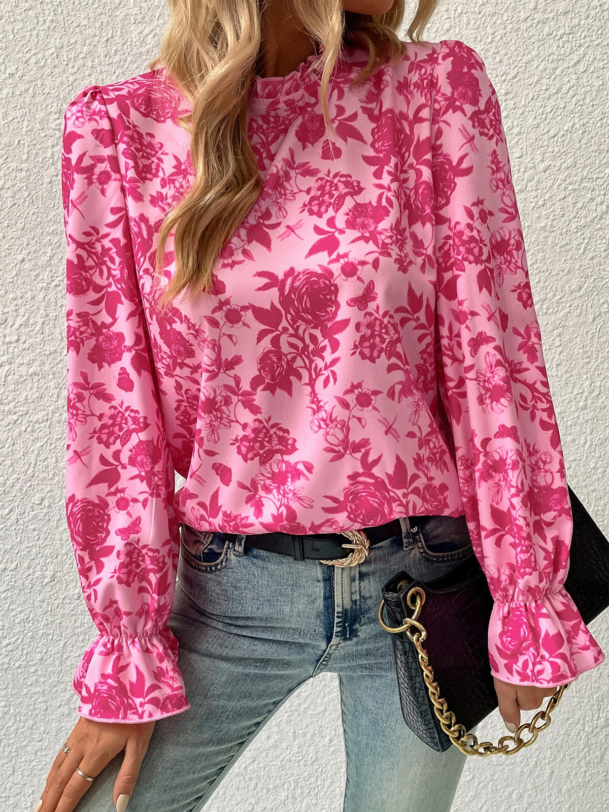 Floral Flounce Sleeve Blouse with Frill Trim