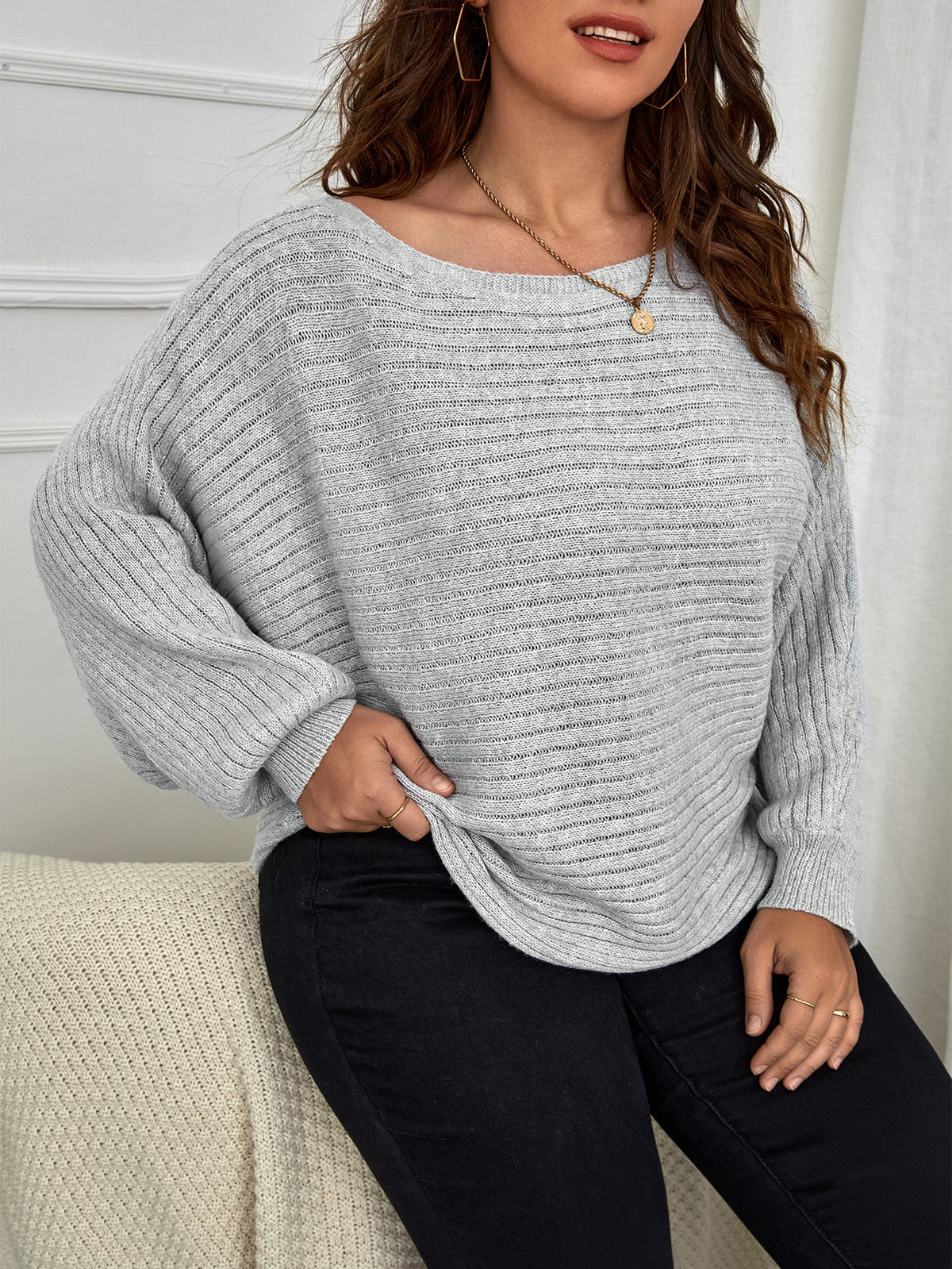 Plus Ribbed Knit Sweater with Batwing Sleeve