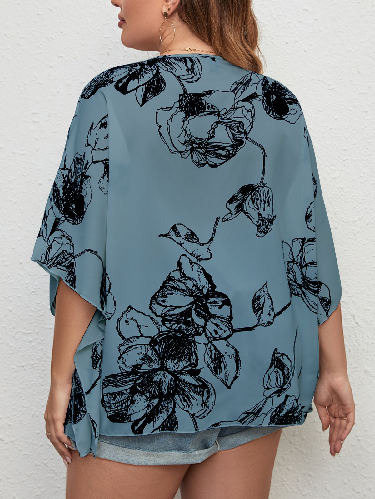 Plus Floral Print Blouse with Batwing Sleeve